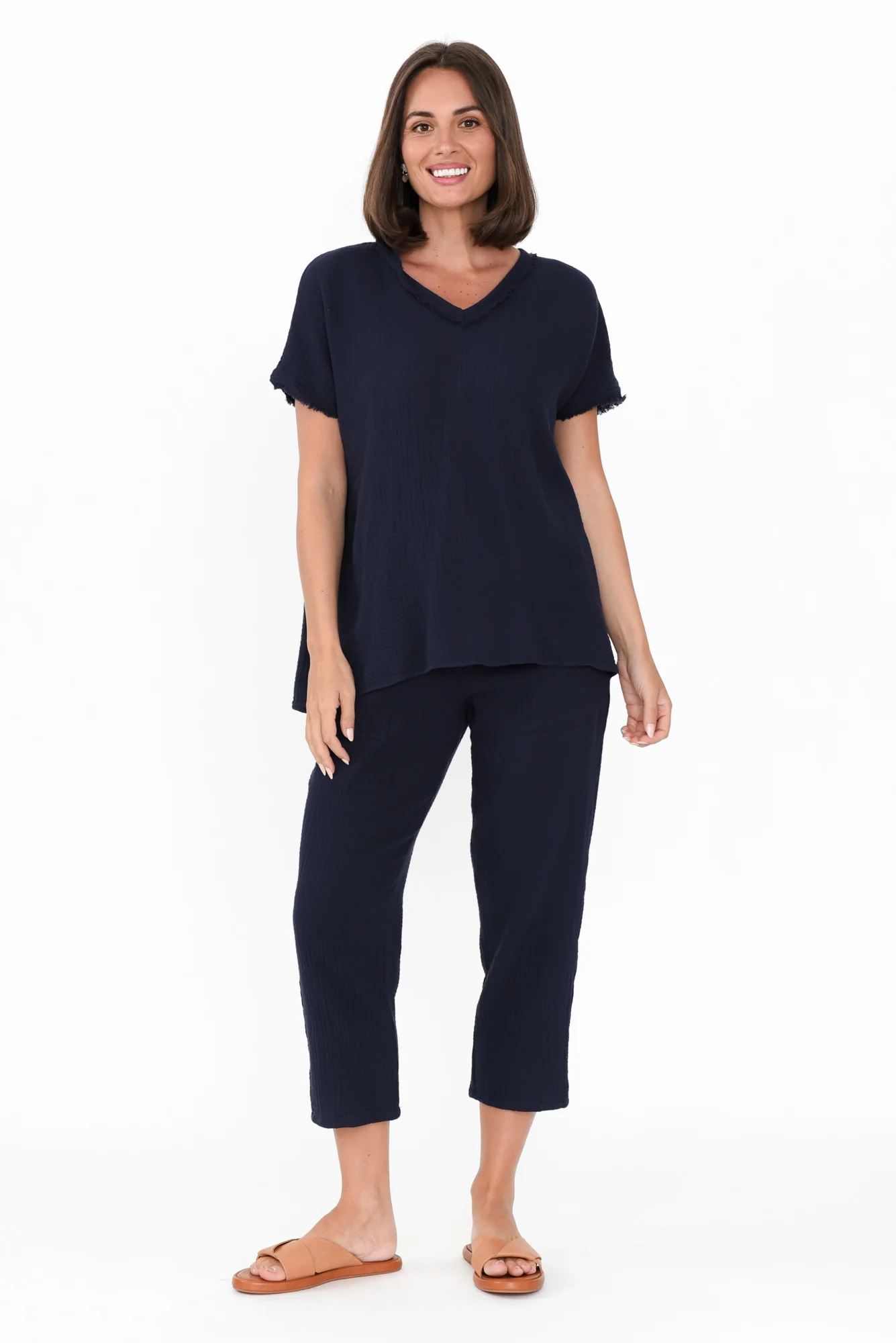 Haltia Navy Cotton Cheesecloth V Neck Top