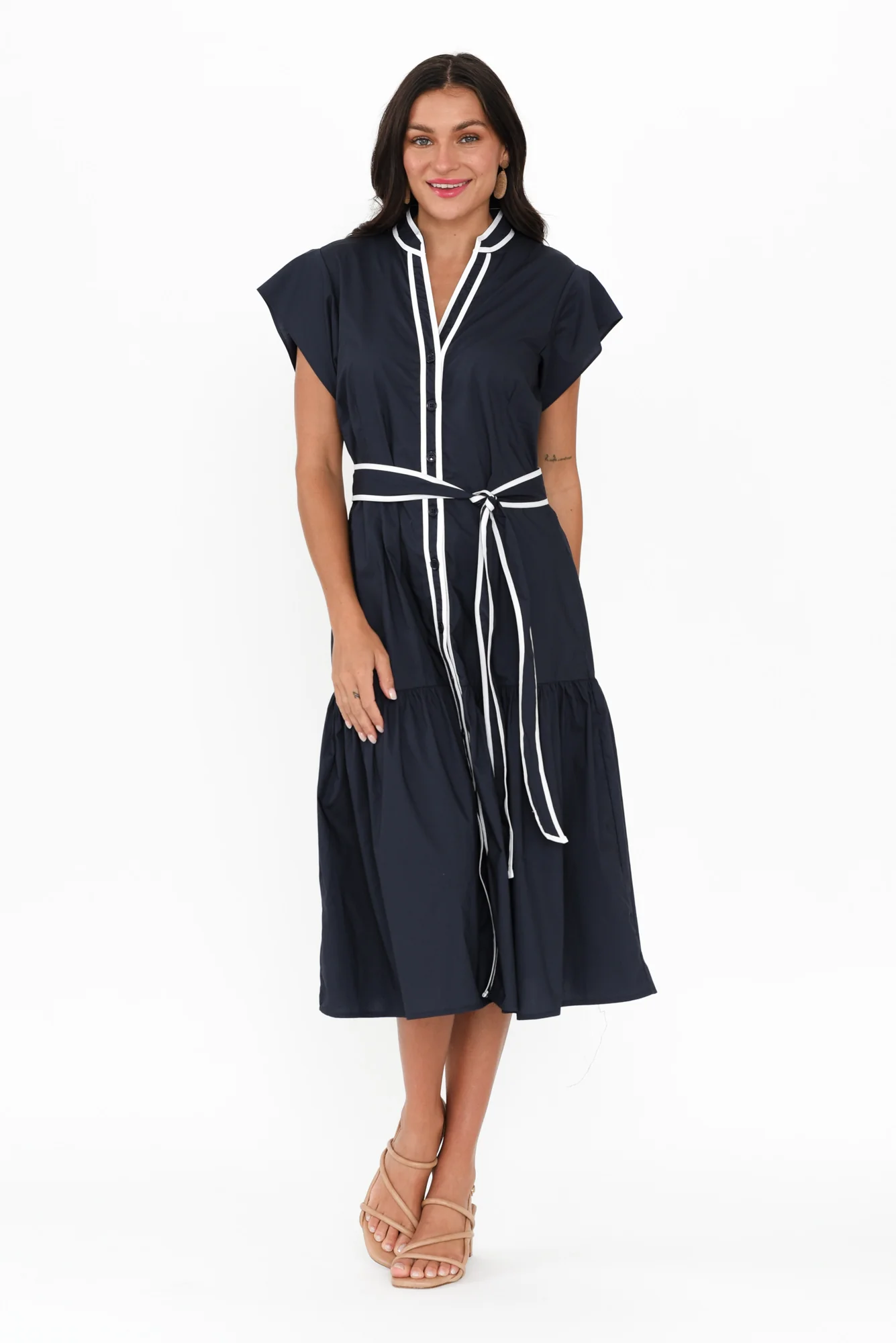Mari Navy Contrast Cotton Tie Dress