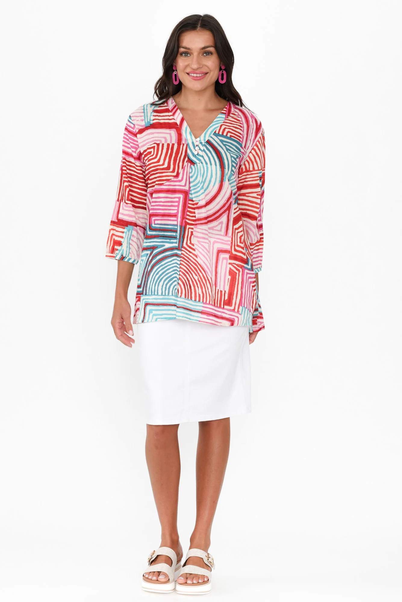 Clara Pink Geo Cotton Button Top