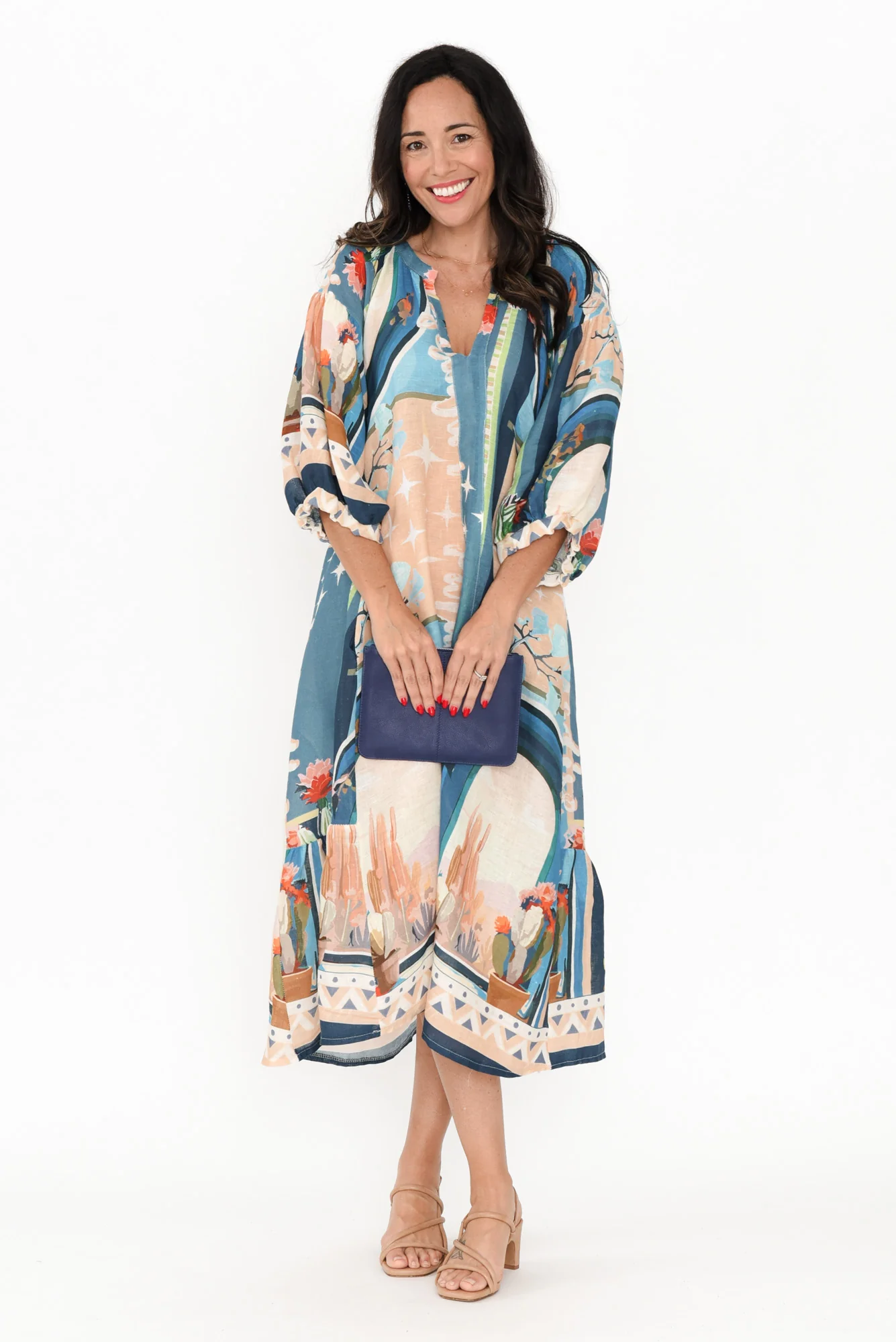 Deneva Blue Cactus Linen Dress