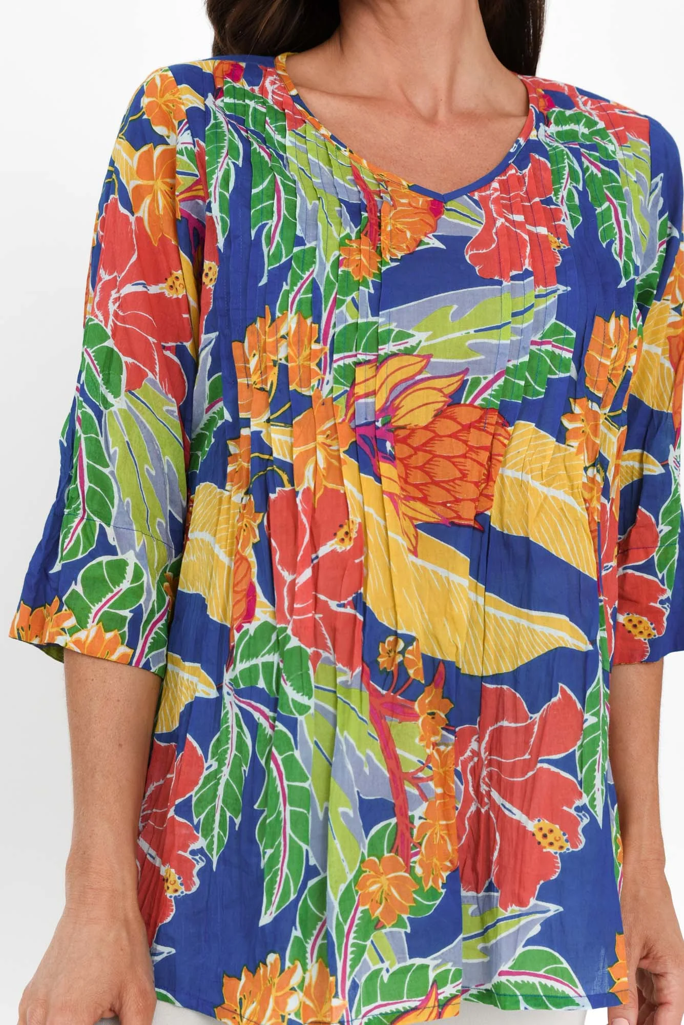 Fia Navy Floral Sleeved Crinkle Cotton Top