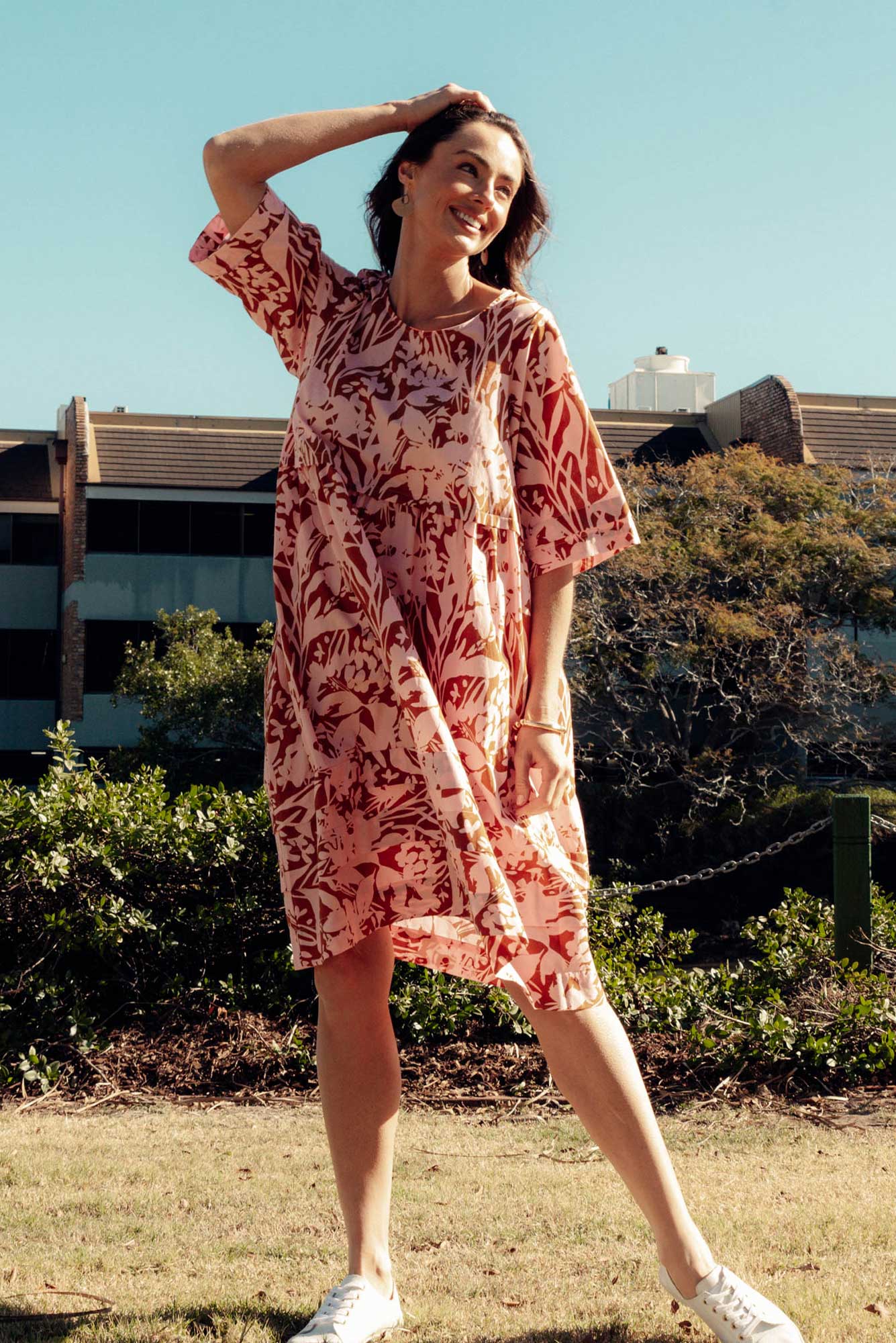 Kingsley Pink Geo Cotton Tiered Dress