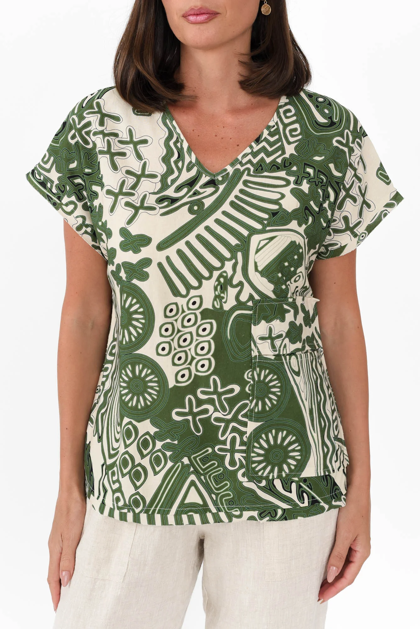 Terassa Green Abstract Linen Blend Top