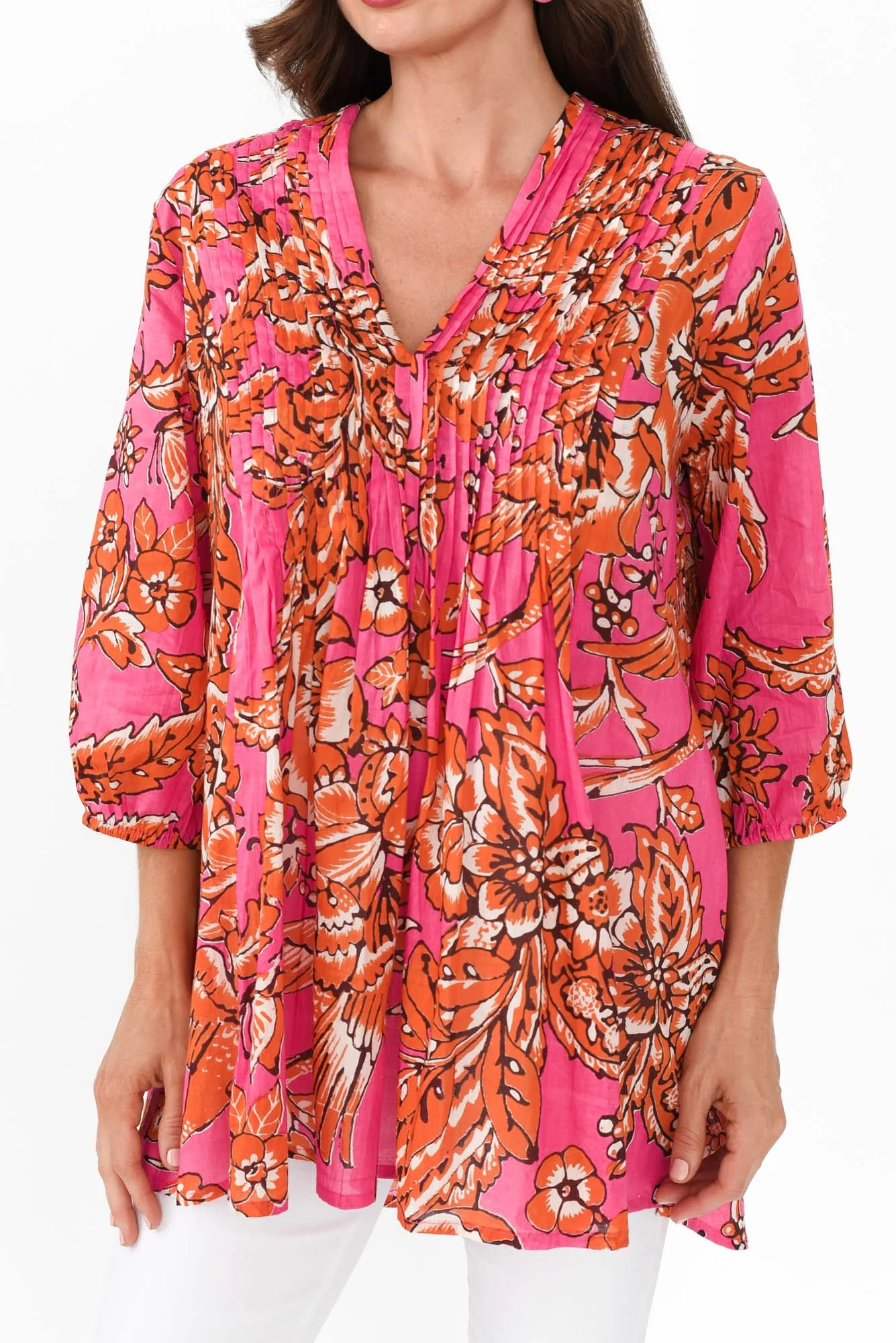 Alexa Orange Garden Cotton V Neck Top