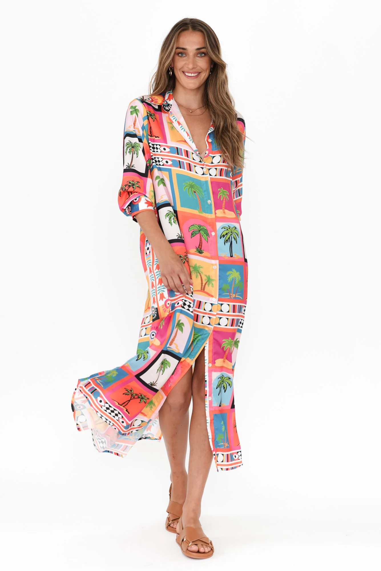 Shayli Pink Tropical Shirt Dress
