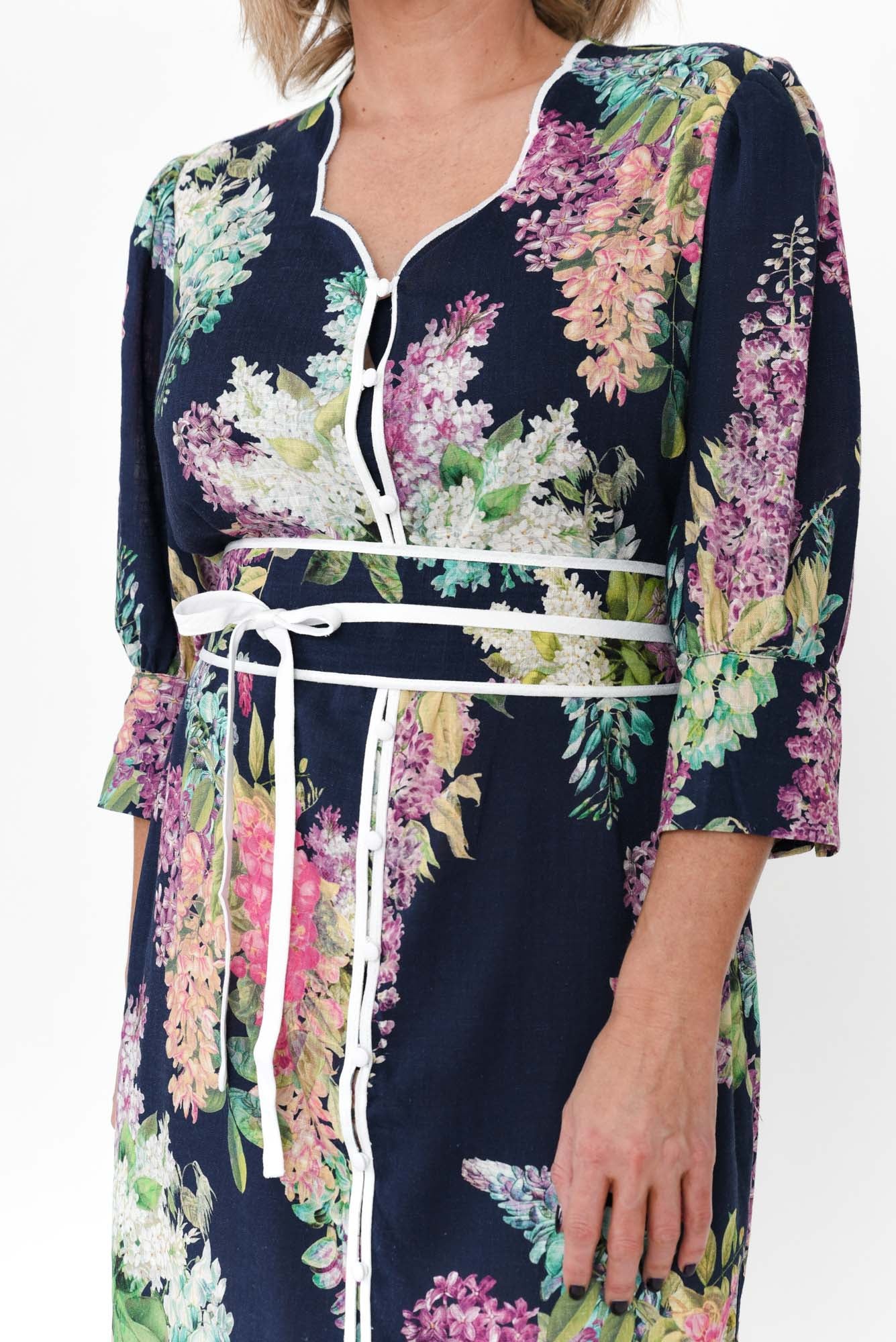 Augustine Navy Wisteria Linen Blend Dress