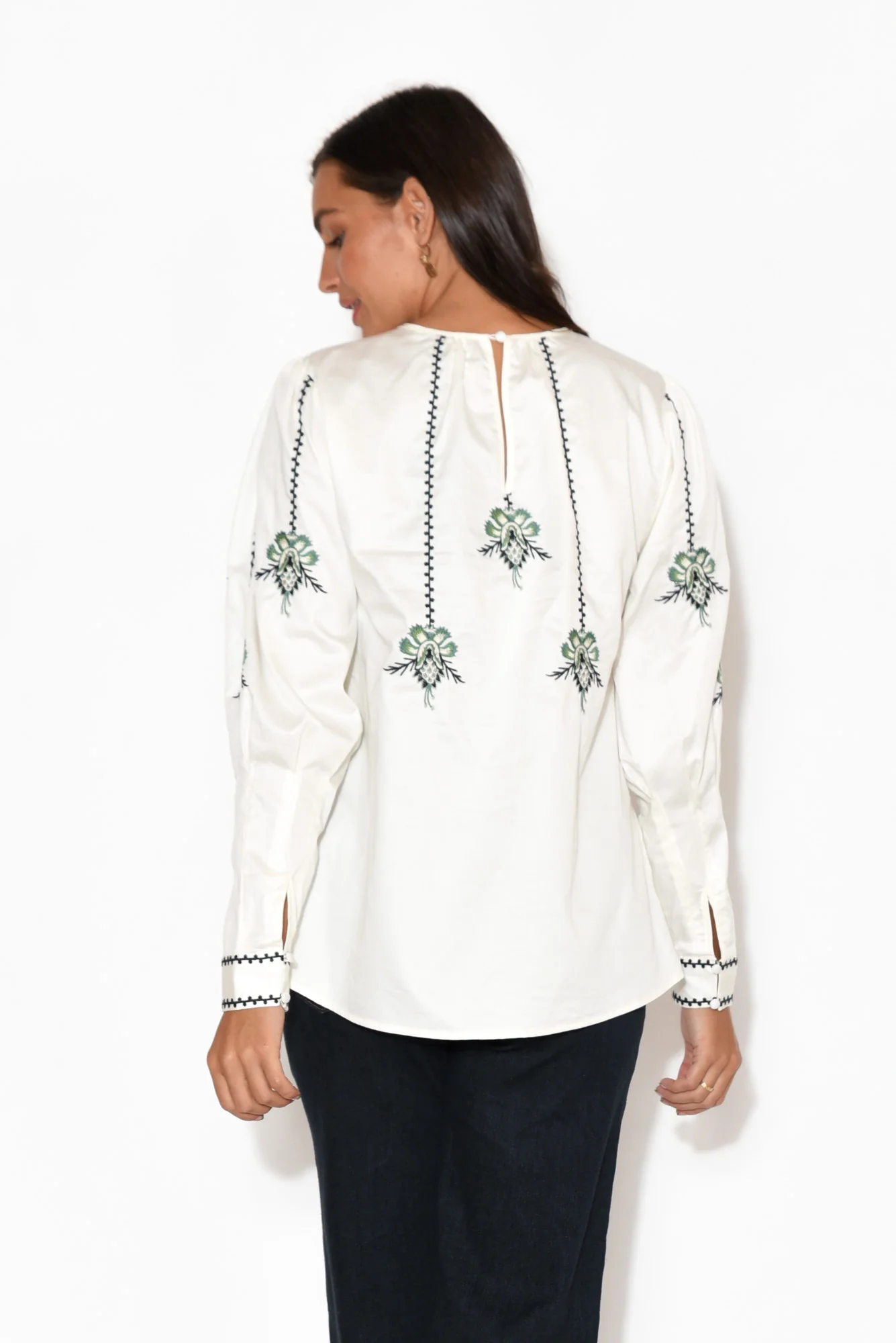 Grove White Embroidered Bishop Sleeve Top