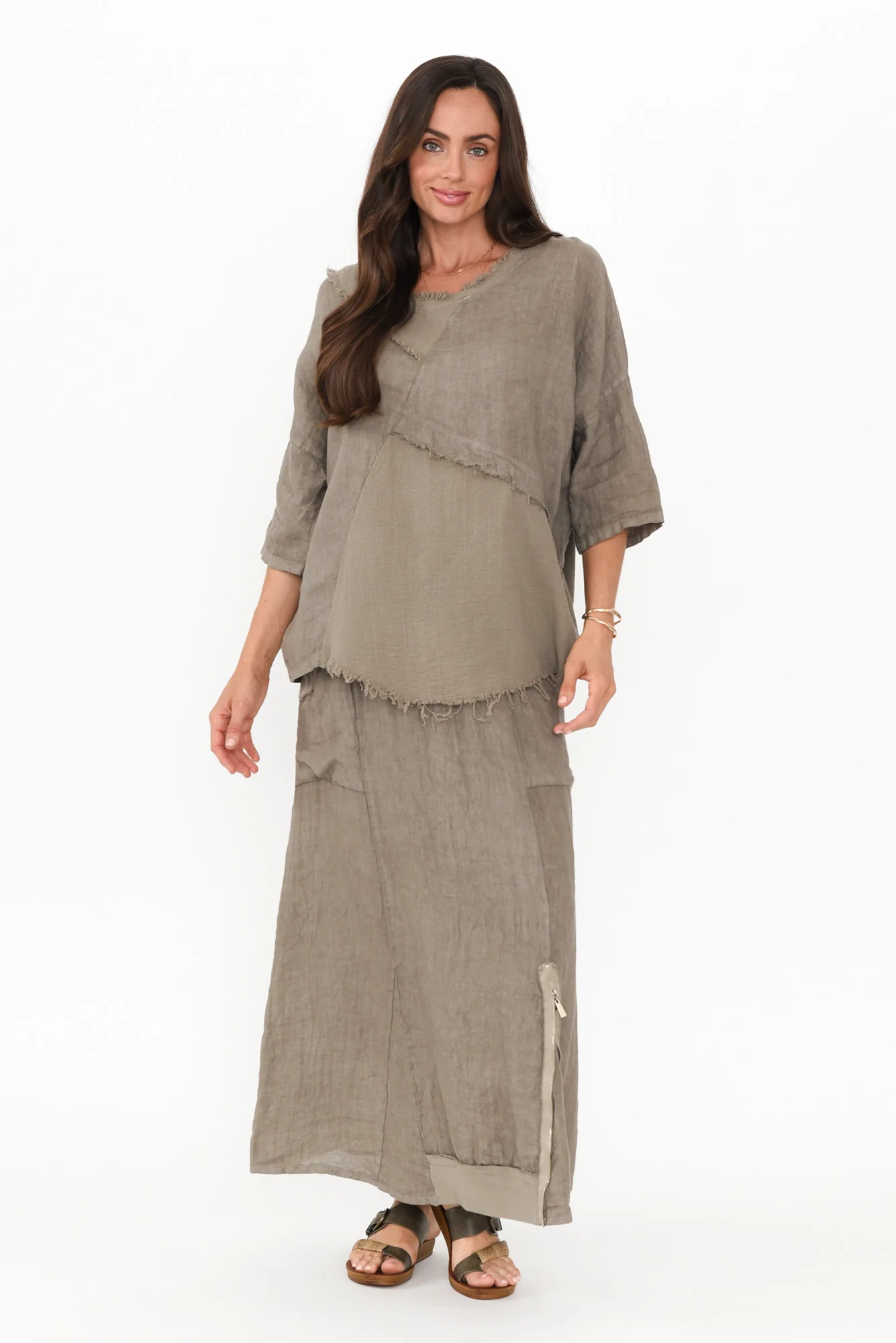 Denae Taupe Linen Frayed Top