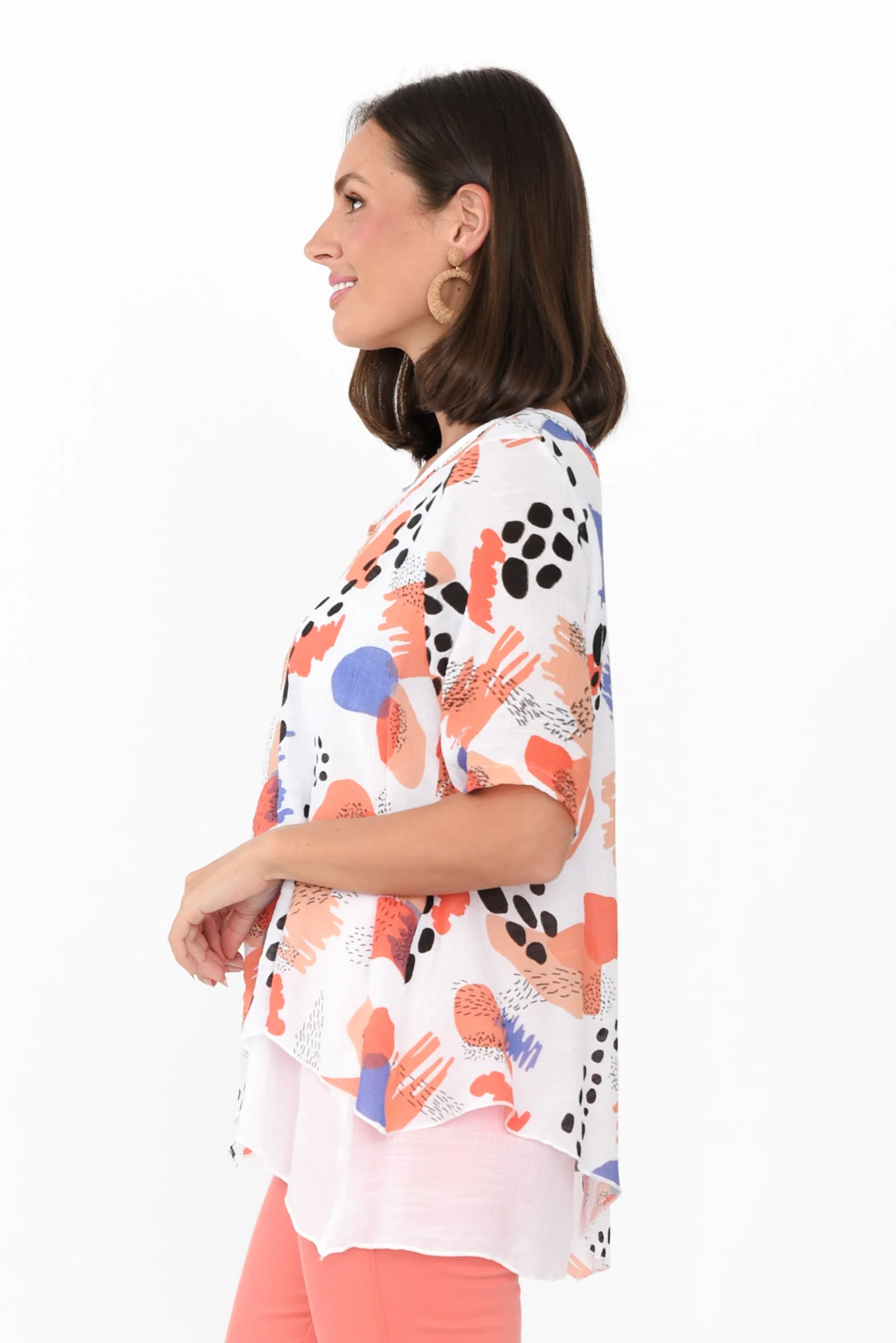 Nias Orange Abstract Cotton Linen Top