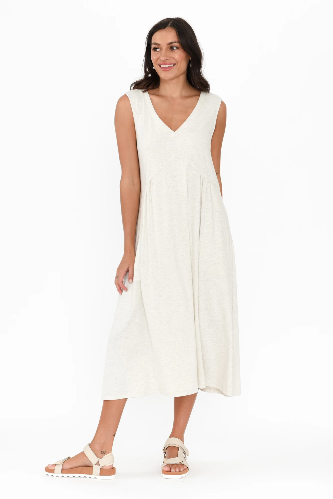 Tarah Grey Marle Cotton Stretch V Neck Dress