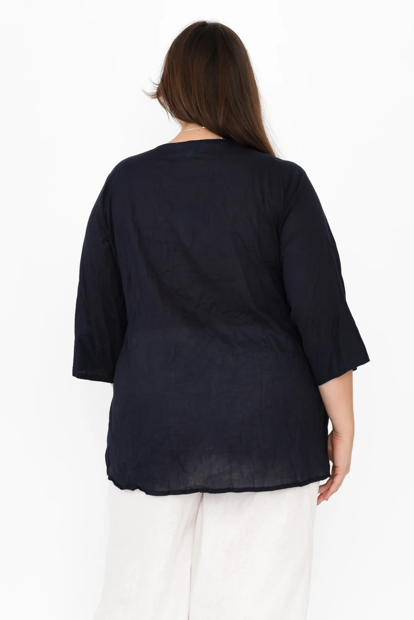 Fia Navy Sleeved Crinkle Cotton Top