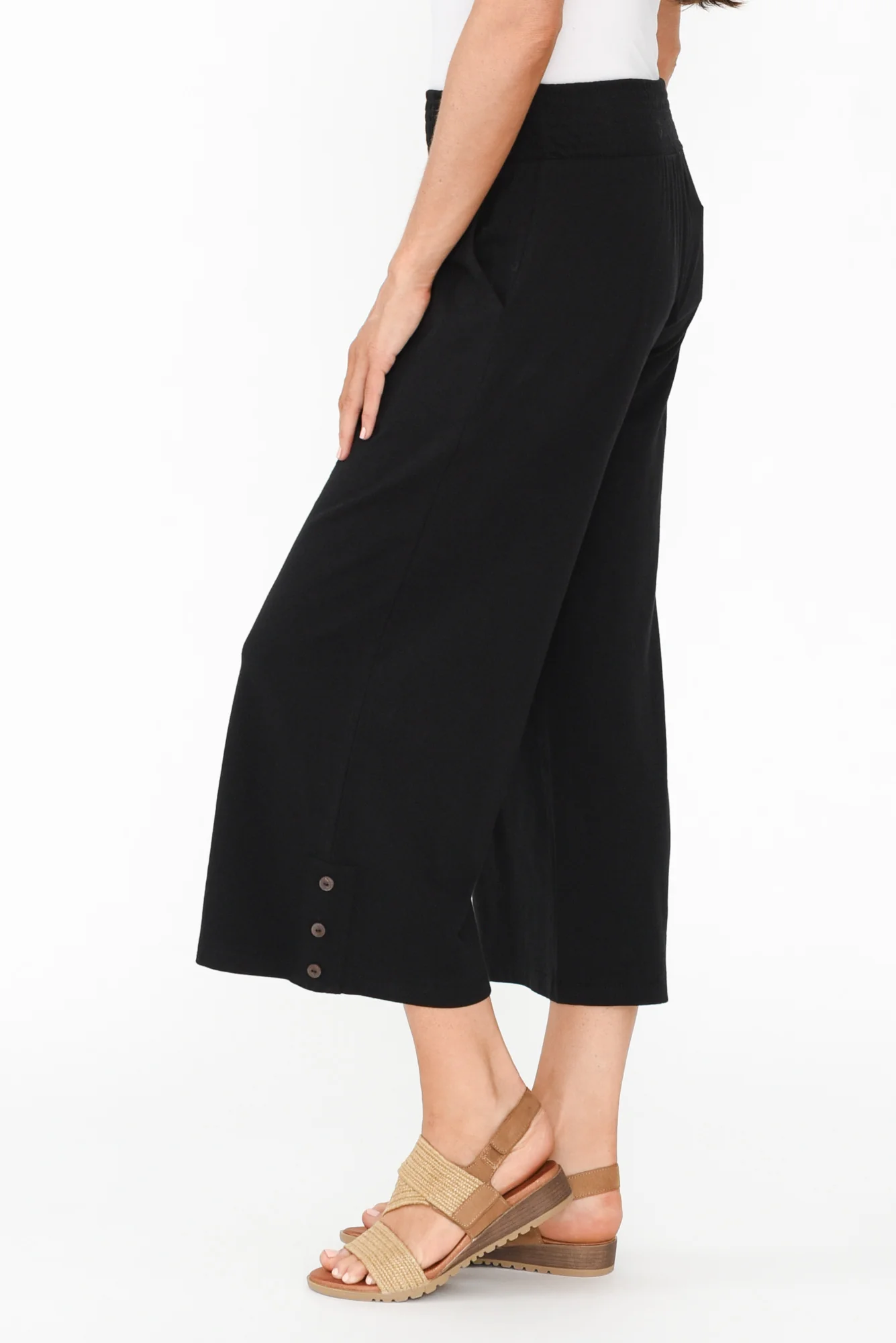 Eliana Black Cotton Shirred Cropped Pants