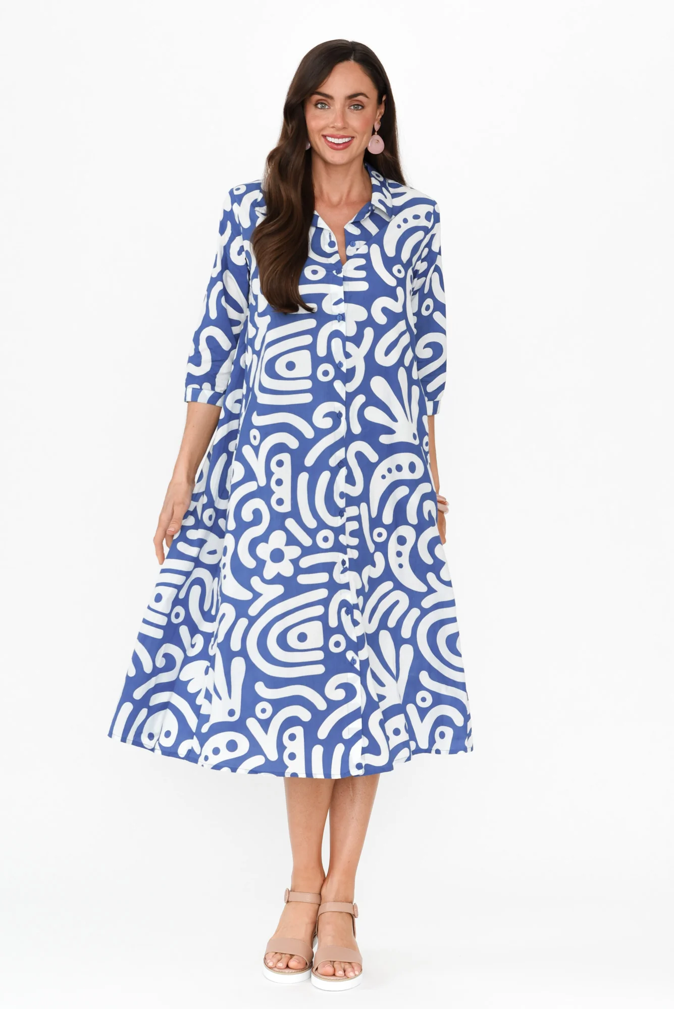 Cyra Blue Geo Cotton Collared Dress