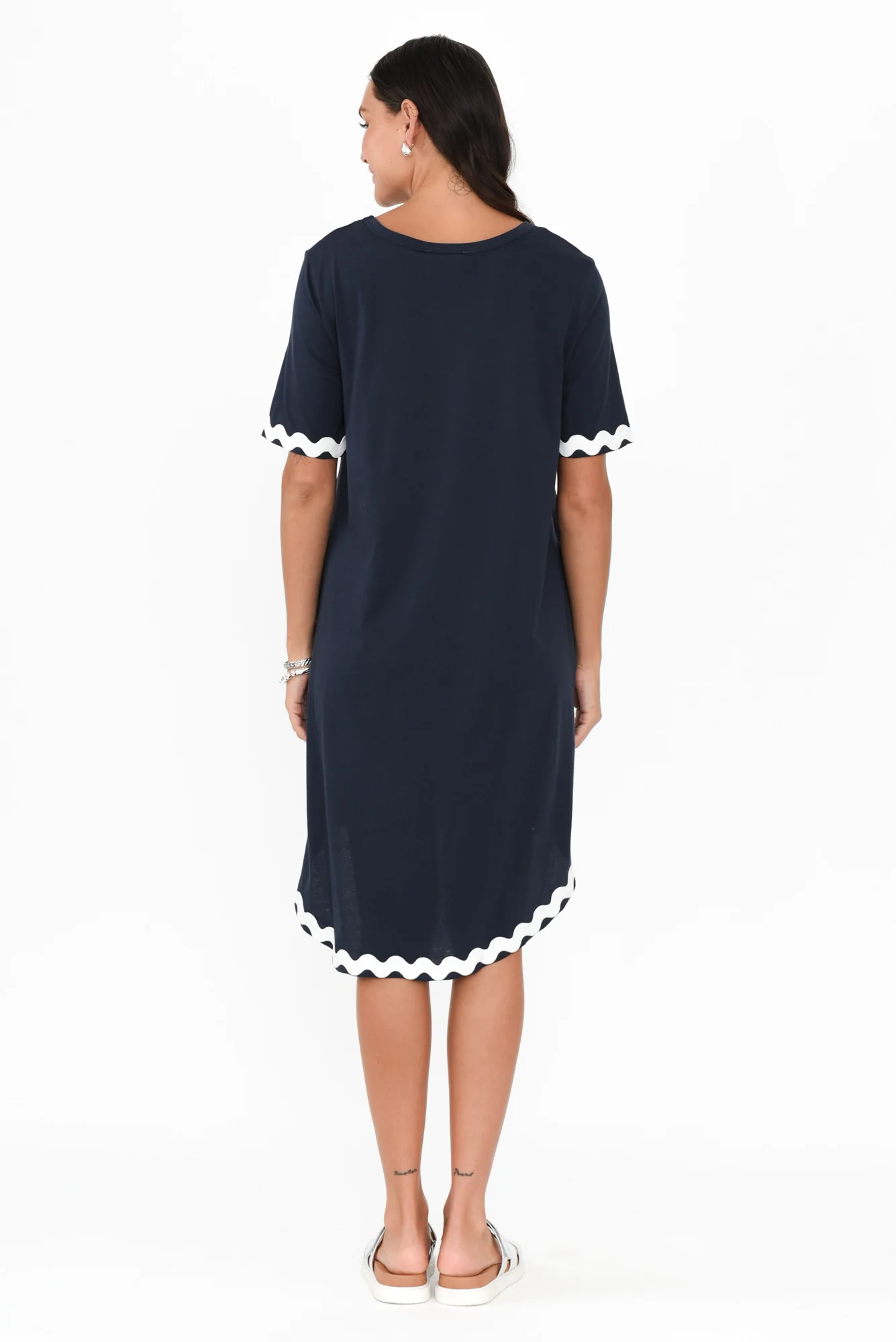 Nyree Navy Ric Rac Hi Lo Cotton Dress