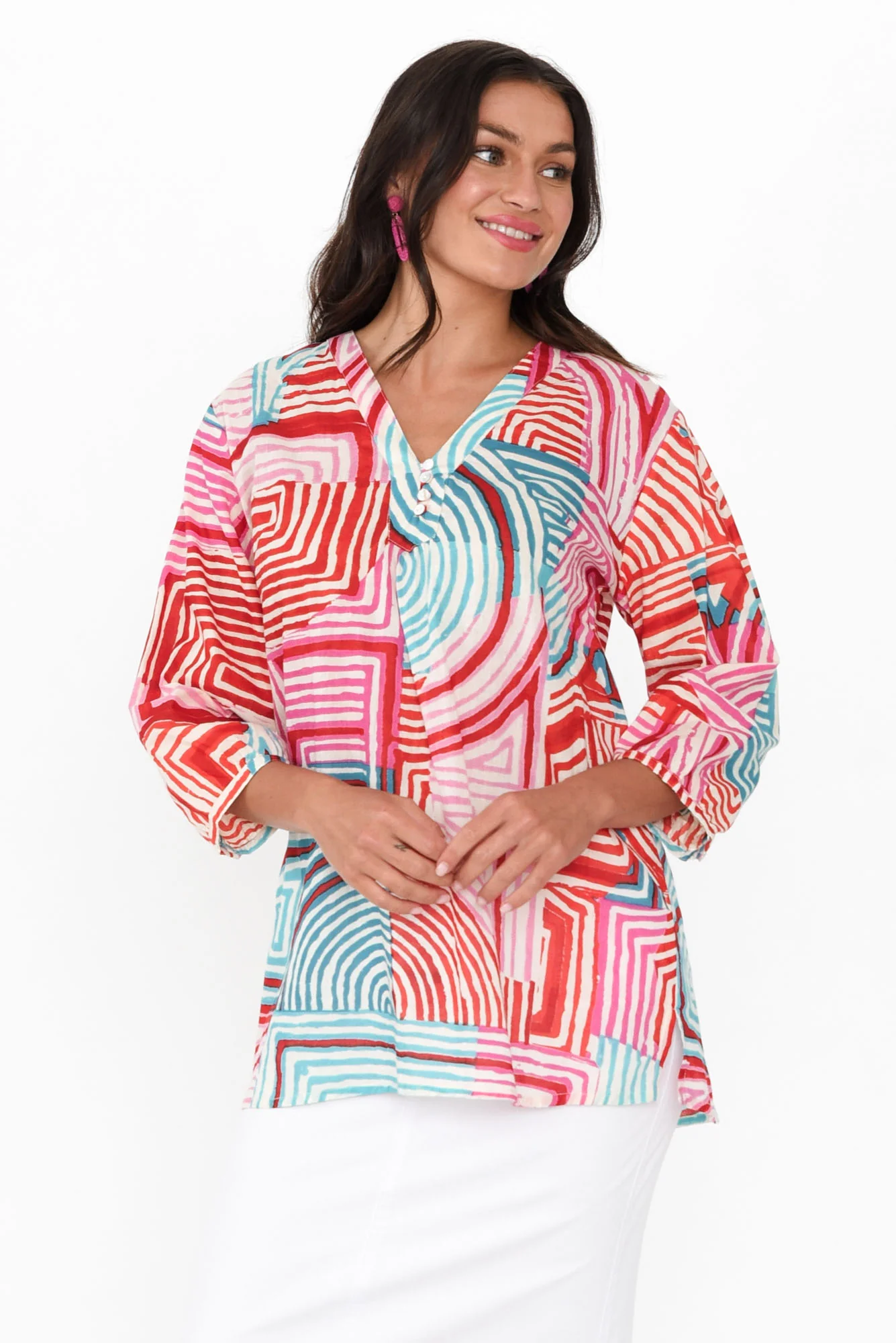 Clara Pink Geo Cotton Button Top