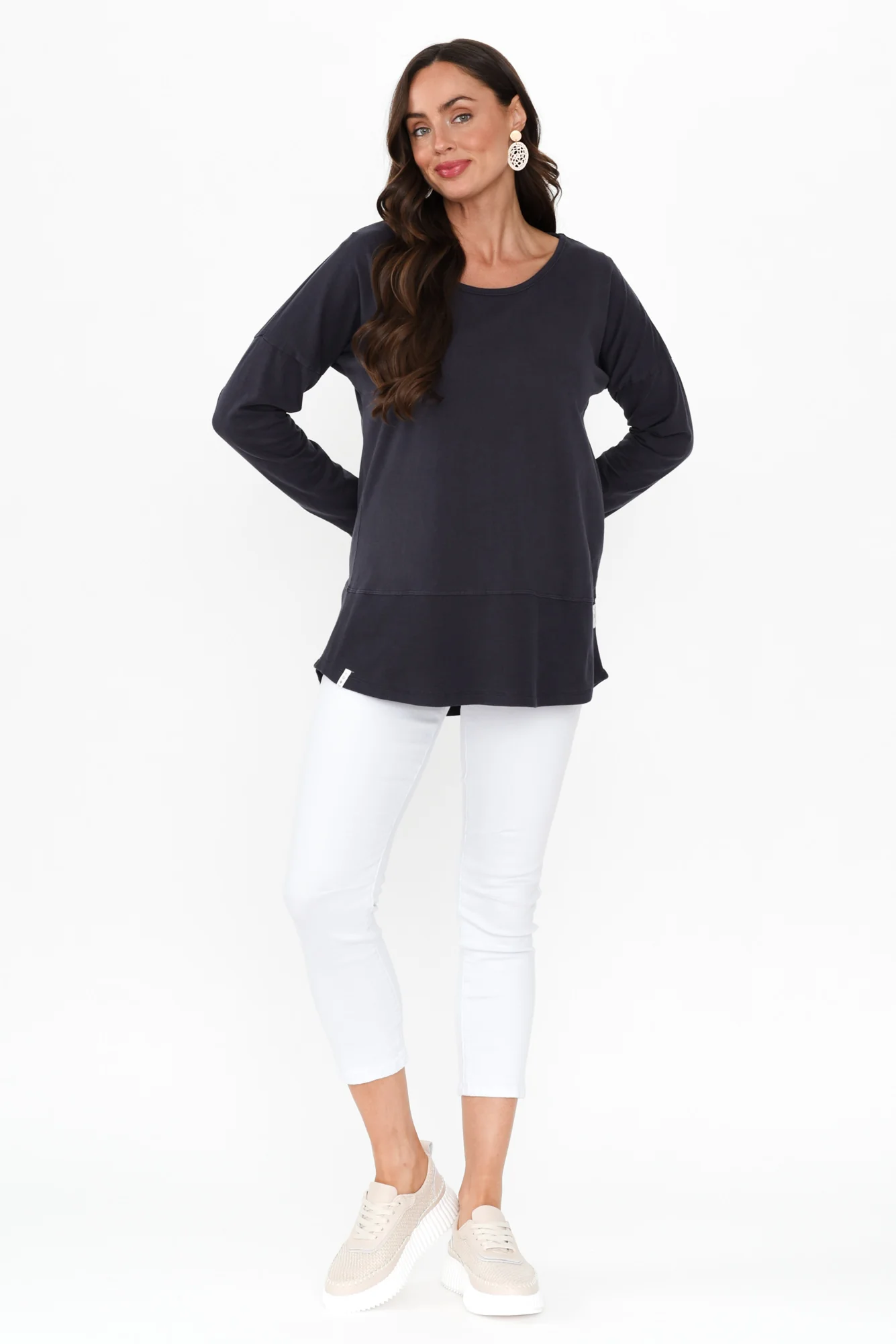 Fundamental Navy Cotton Rib Sleeved Top