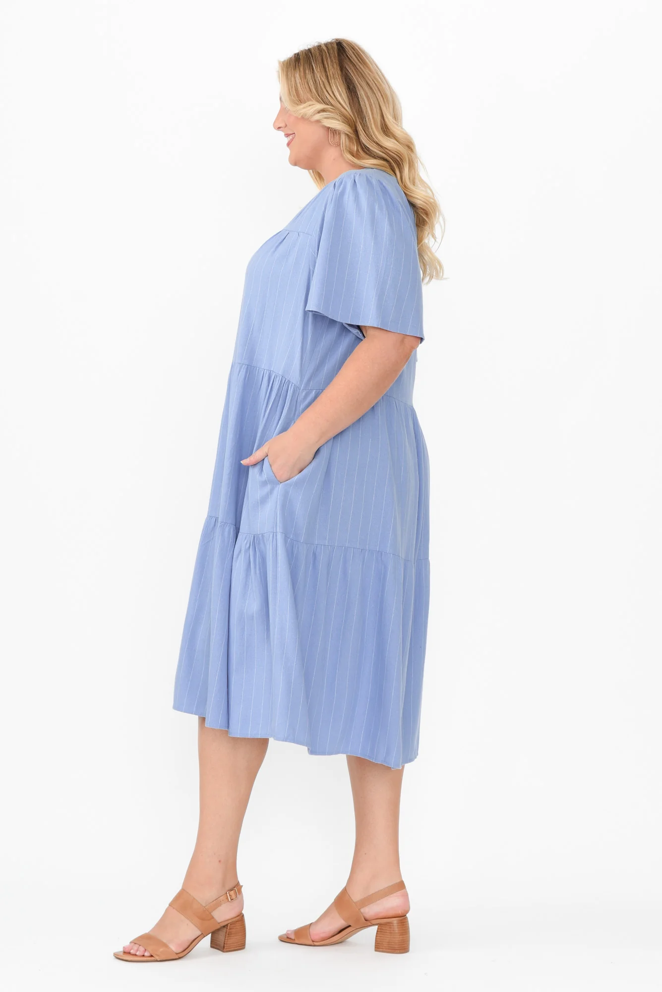 Regina Blue Linen Blend Tier Dress