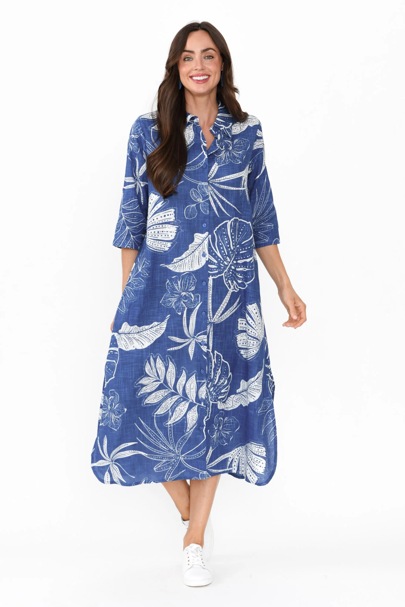 Tricia Navy Leaf Cotton Shirt Dress