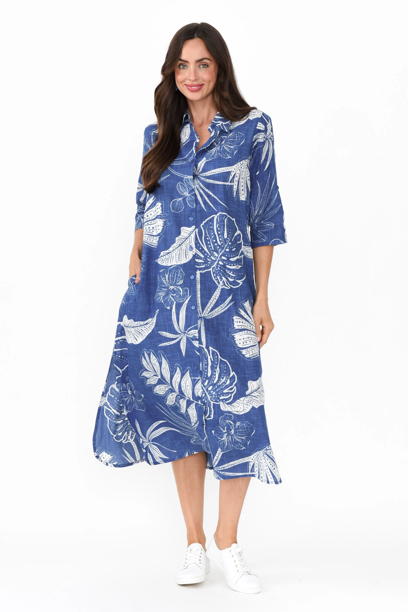 Tricia Navy Leaf Cotton Shirt Dress