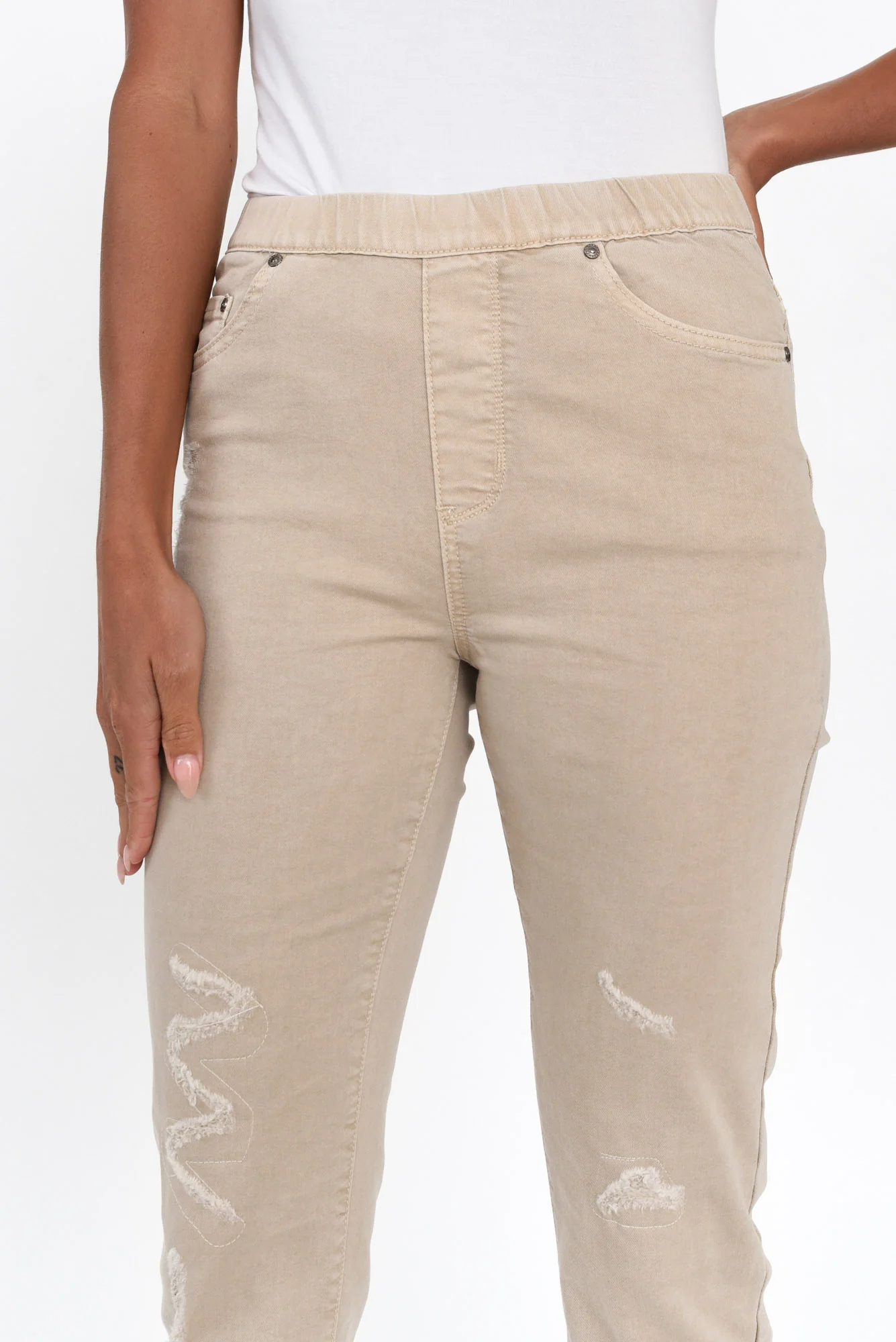 Zadie Distressed Beige Stretch Jeans