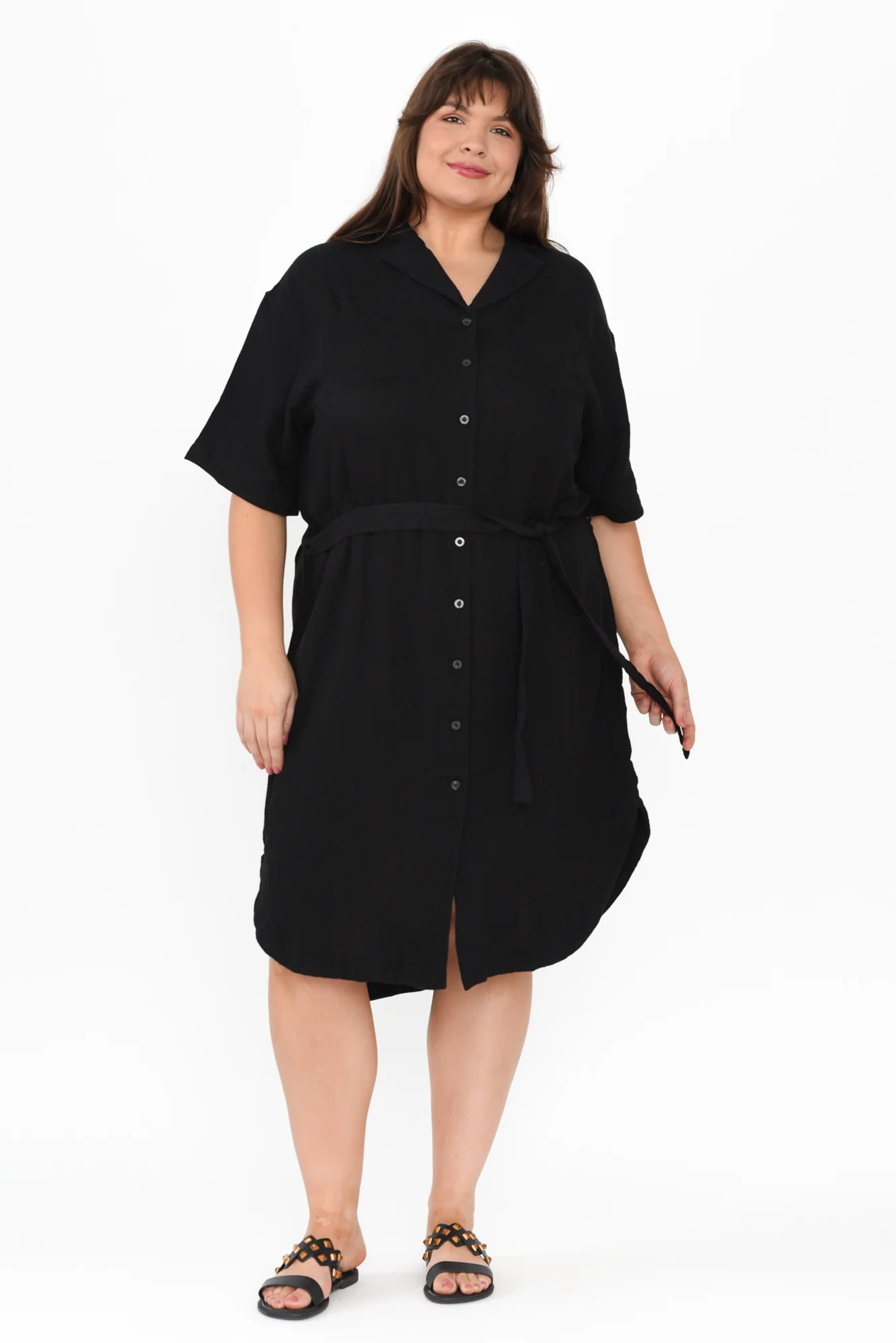 Tahiti Black Cotton Cheesecloth Tie Dress