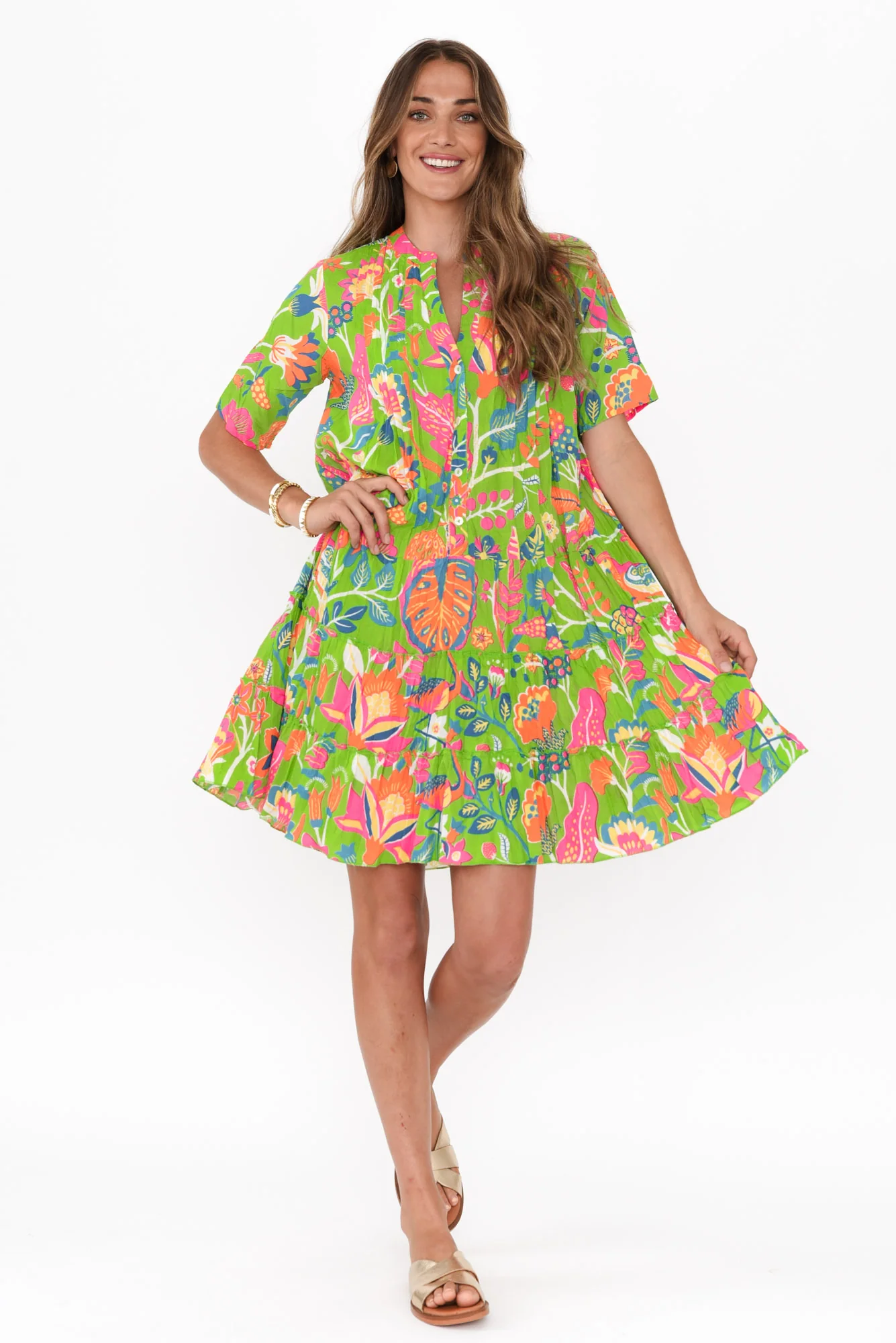 Madurai Green Floral Cotton Pleated Dress