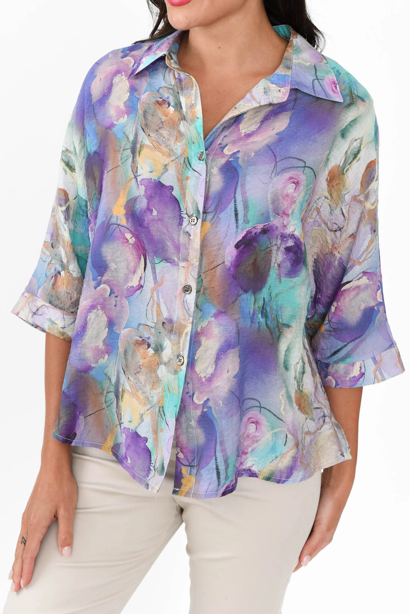 Specta Purple Abstract Cotton Linen Shirt