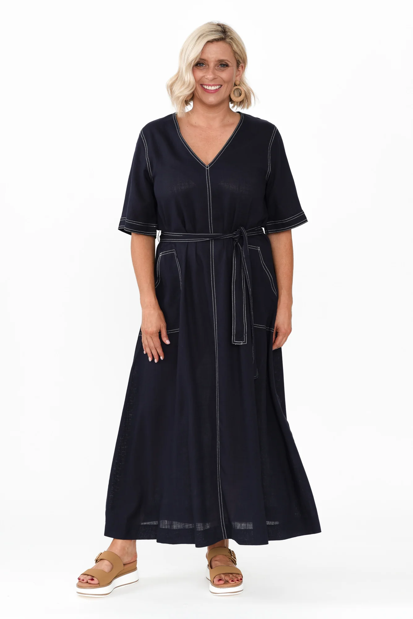 Navarra Navy Contrast Linen Blend Dress