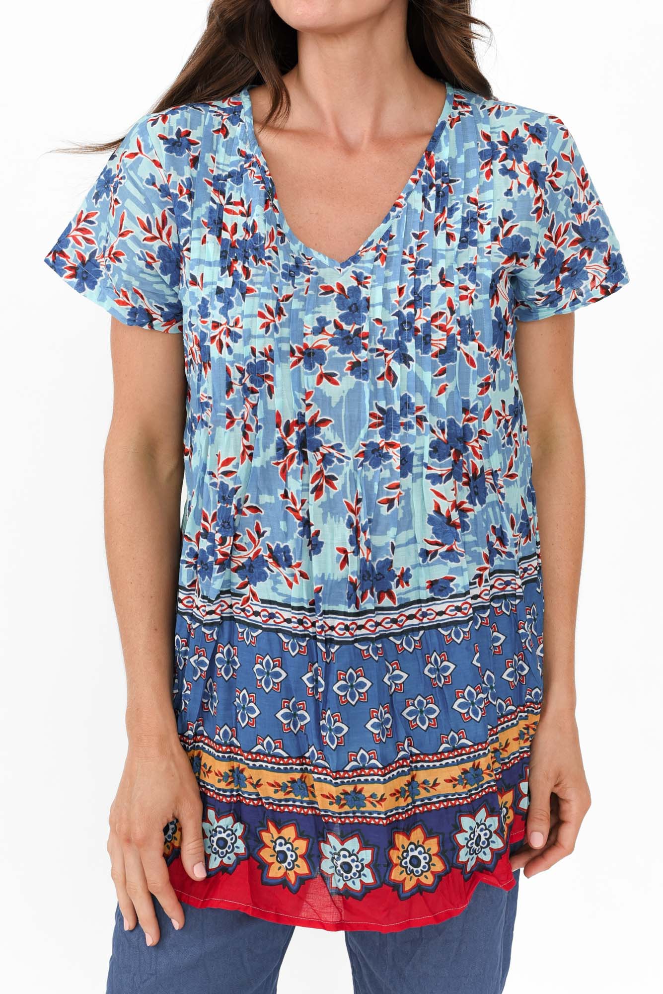 Fia Sky Blue Floral Crinkle Cotton Top