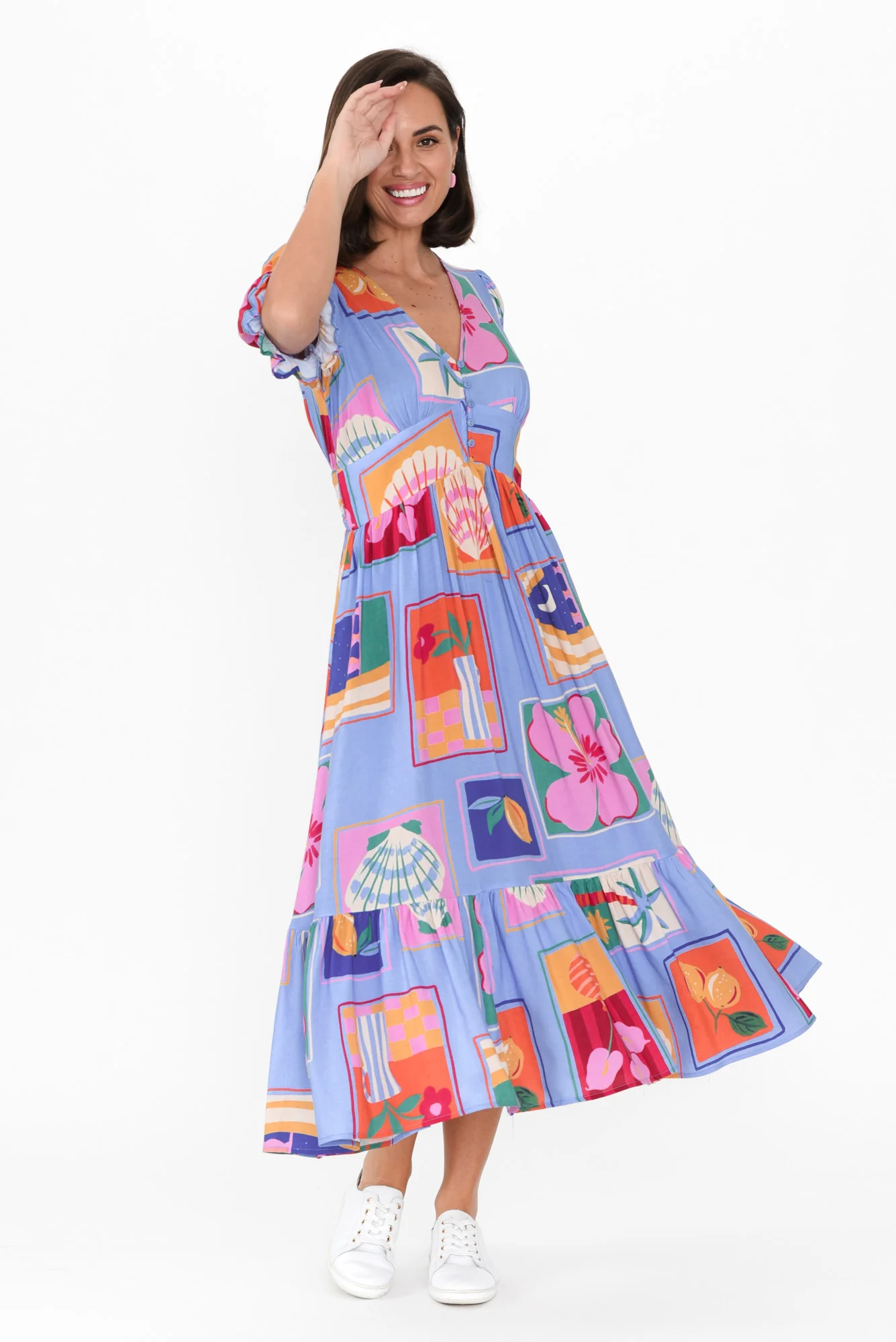 Beatrice Blue Tile Puff Sleeve Dress