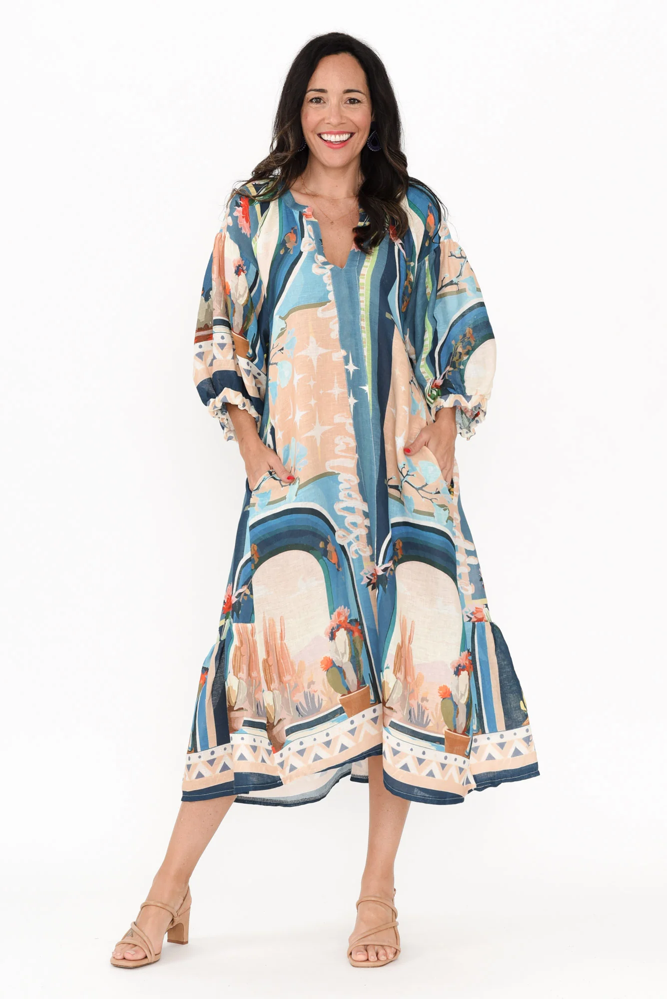 Deneva Blue Cactus Linen Dress