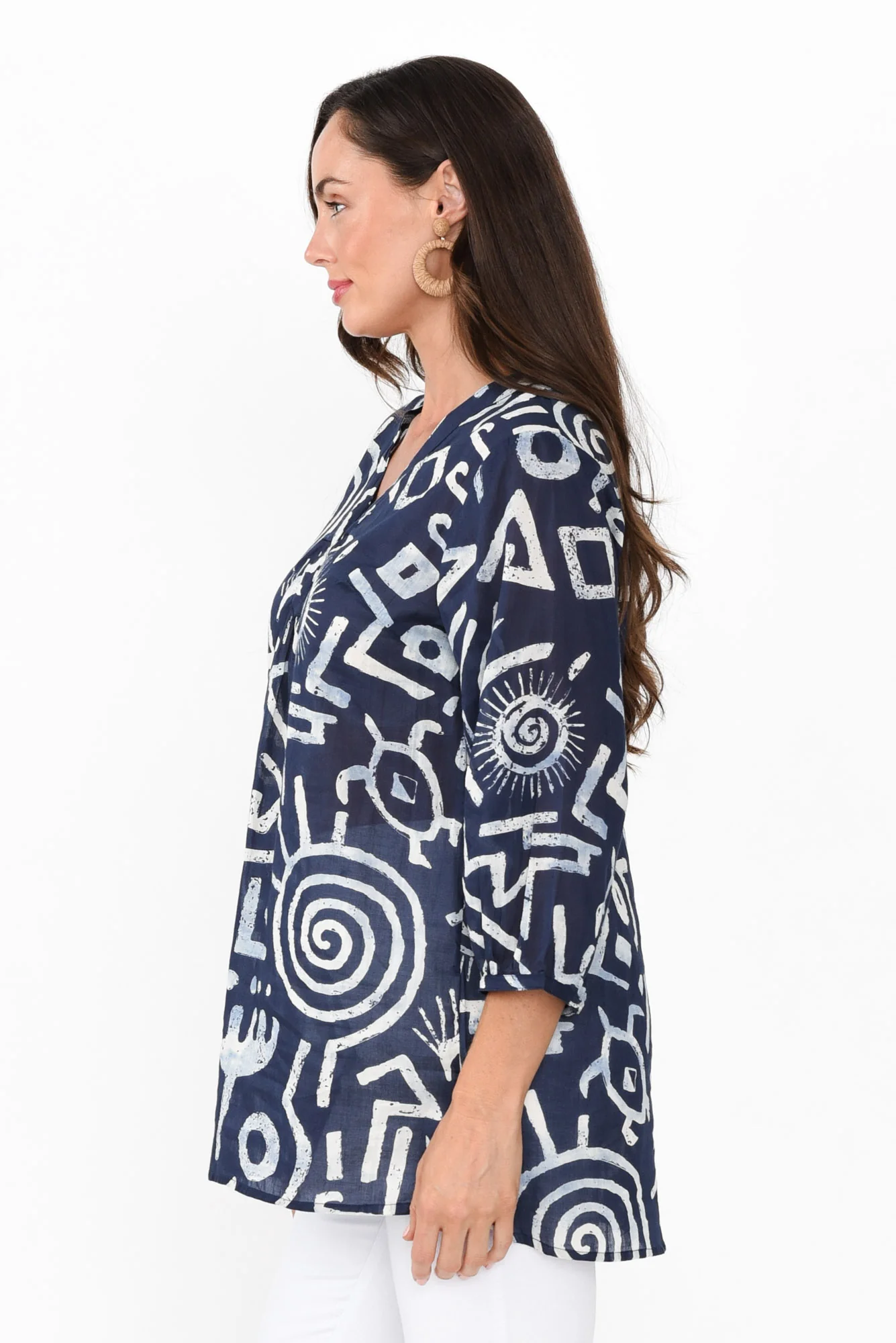 Clara Blue Geo Cotton Button Top