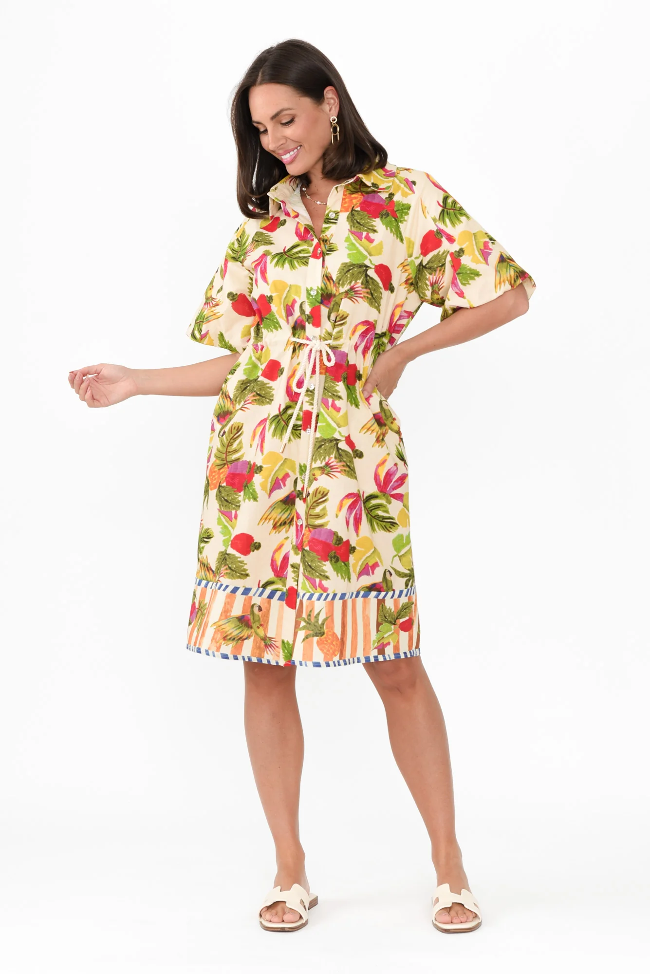 Kumo Cream Tropical Linen Cotton Dress