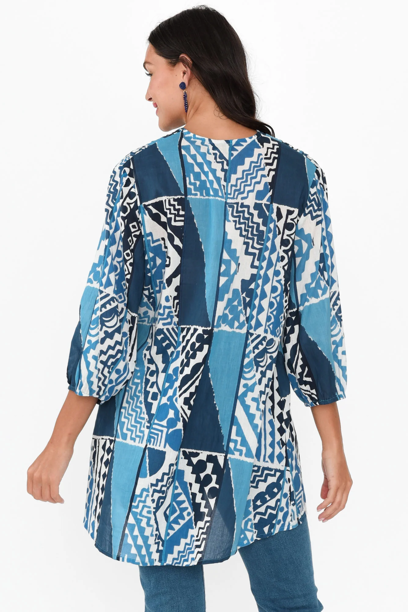 Alexa Blue Motif Cotton V Neck Top