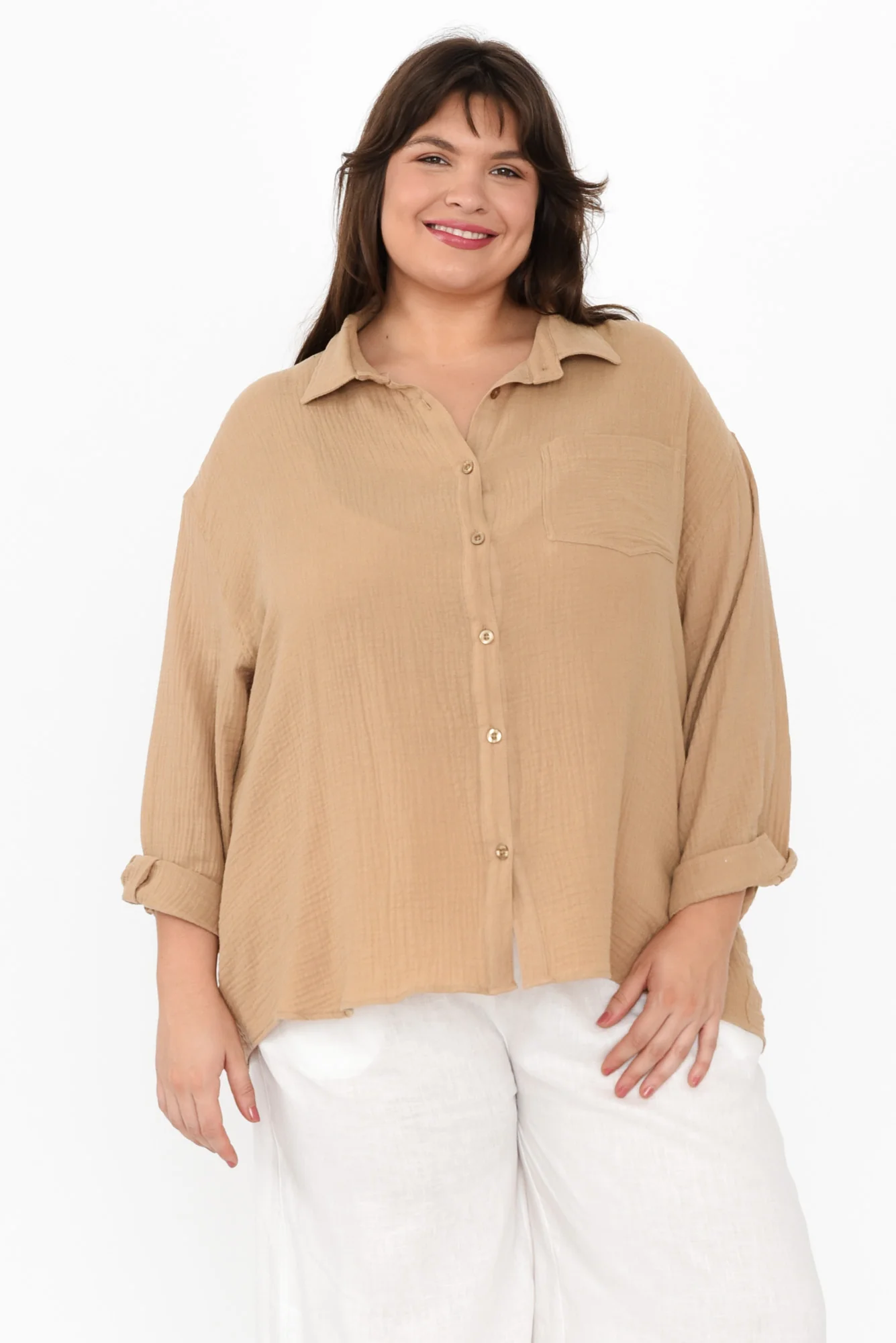 Natalia Beige Cotton Cheesecloth Shirt