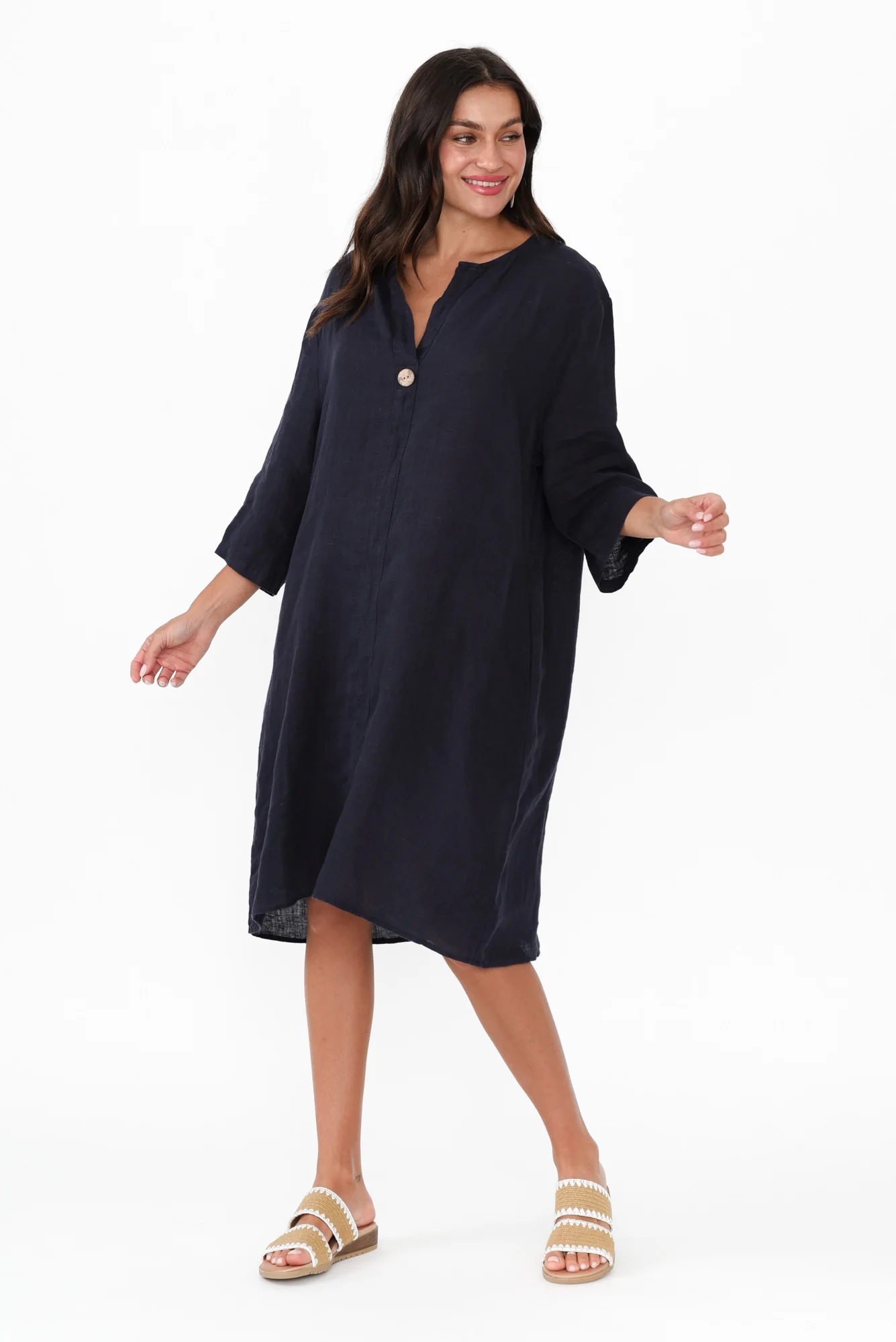 Sian Navy Linen V Neck Dress