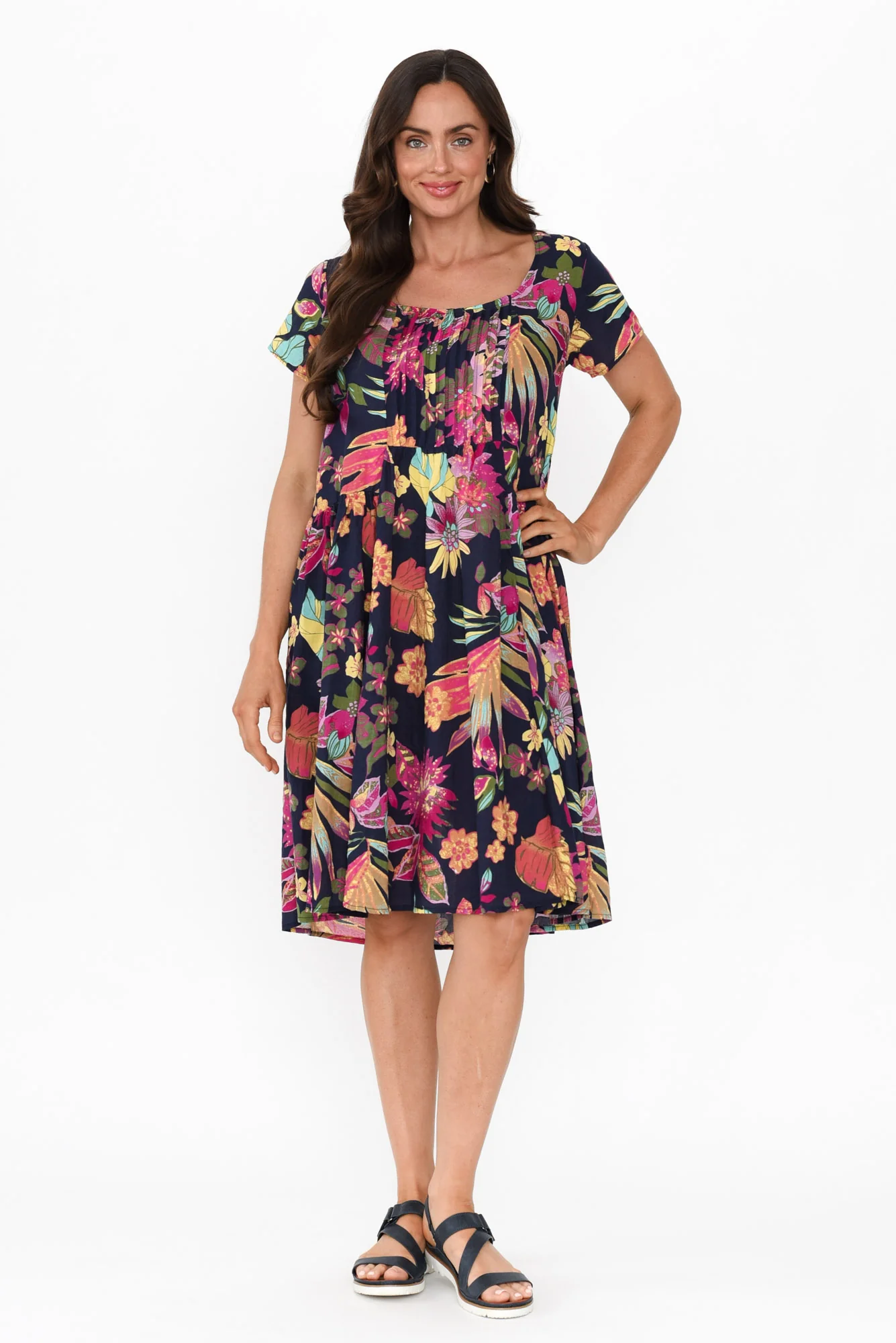 Hanoi Navy Bloom Cotton Blend Dress