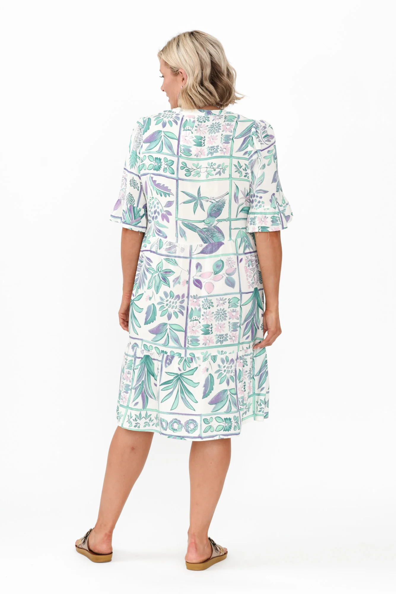 Zorita White Tropical Frill Sleeve Dress