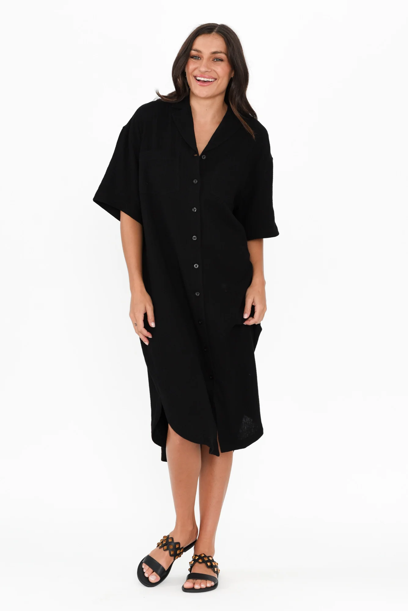 Tahiti Black Cotton Cheesecloth Tie Dress