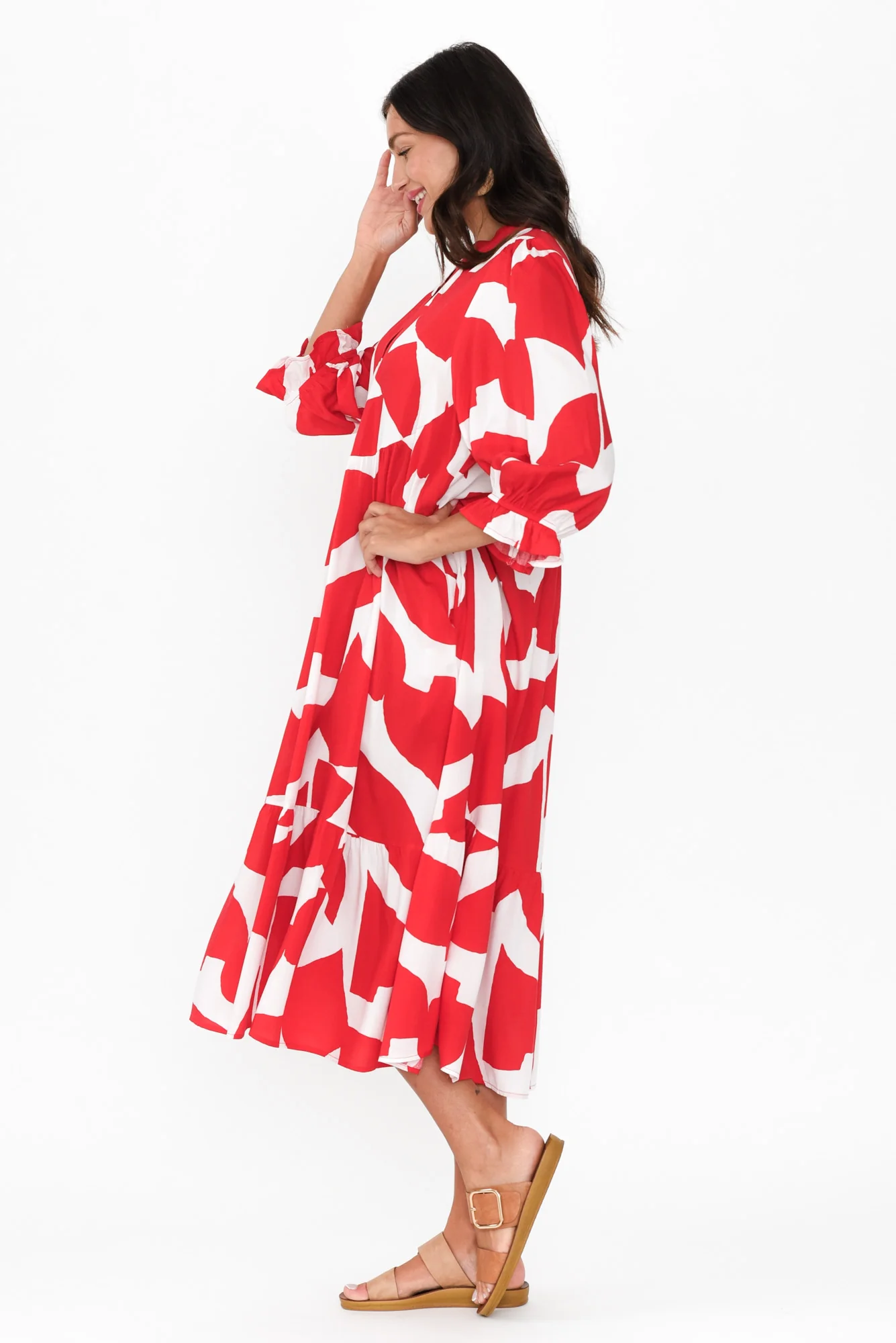 Leela Red Abstract Sleeved Dress