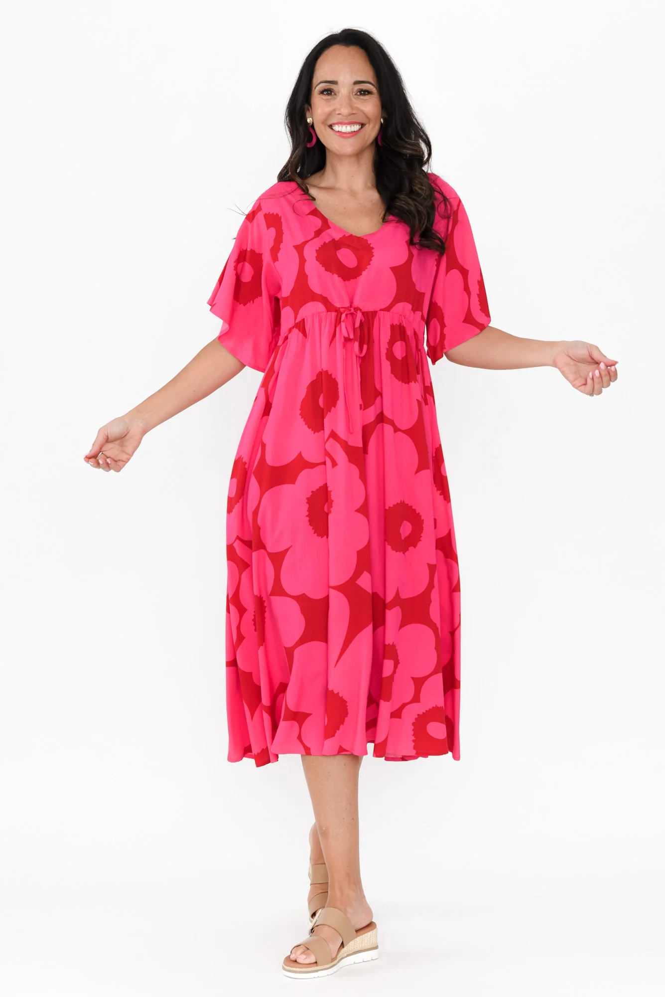 Jennifer Pink Flower Flutter Sleeve Dress
