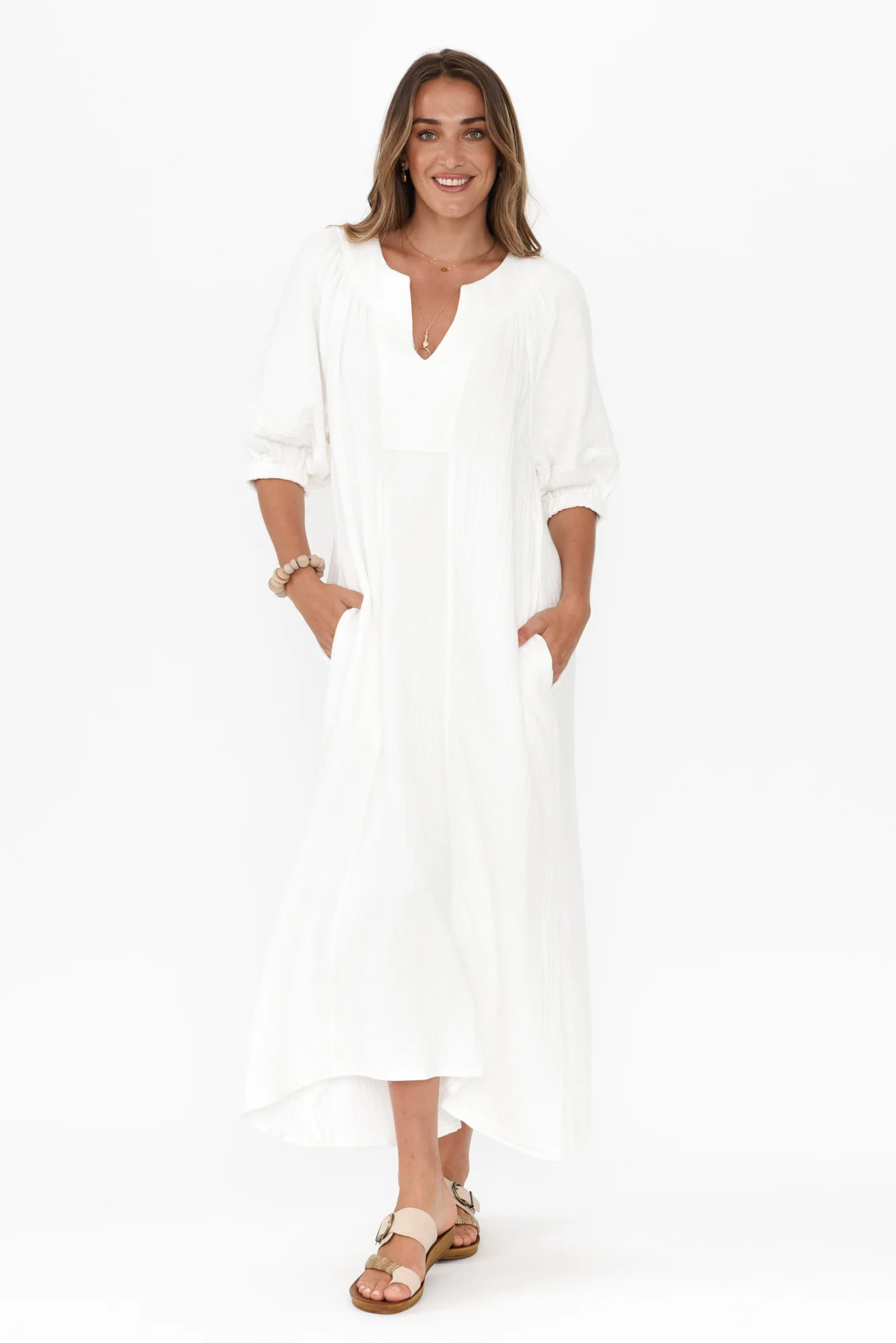 Neila White Cotton Cheesecloth Midi Dress