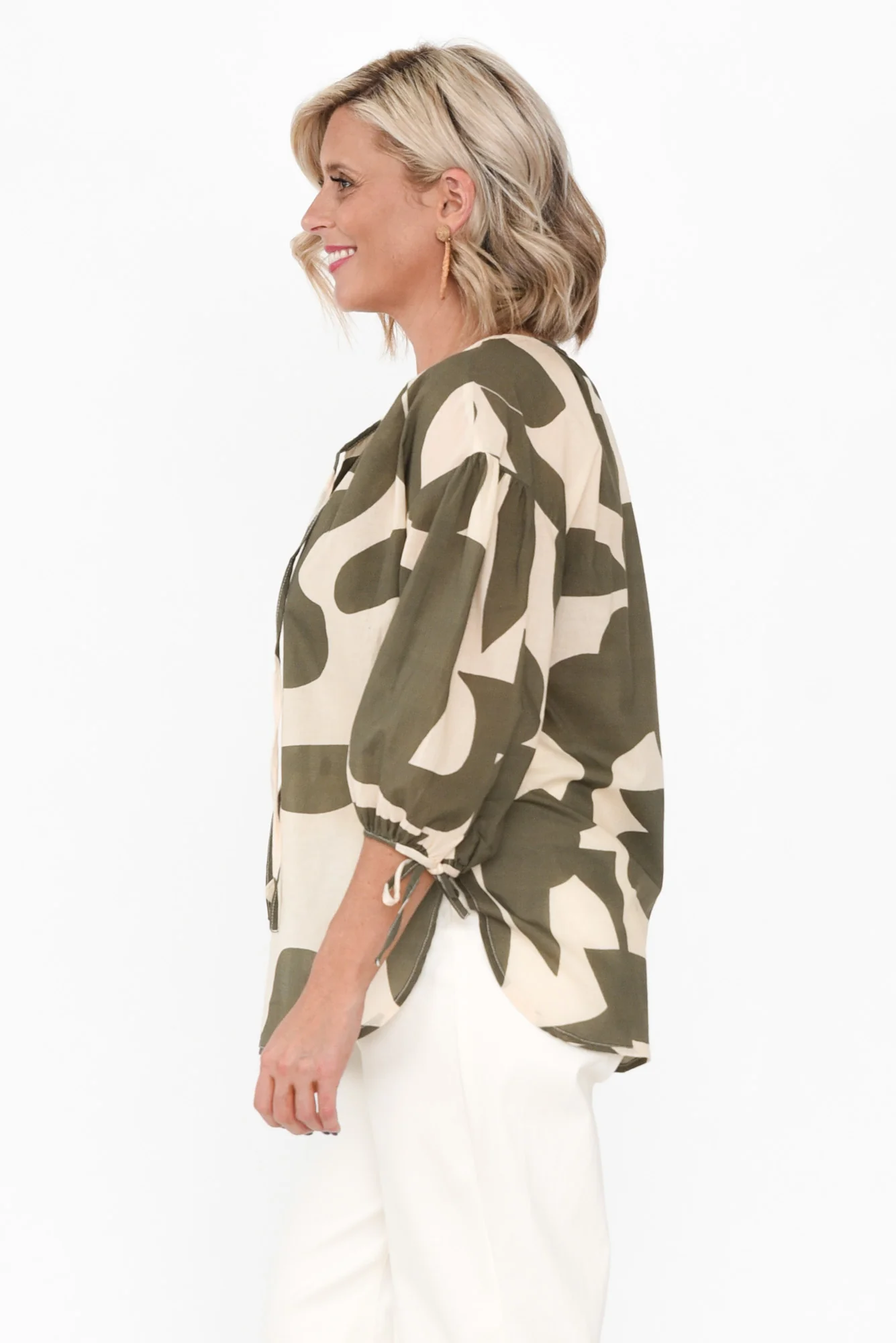 Roanne Khaki Geo Cotton Top
