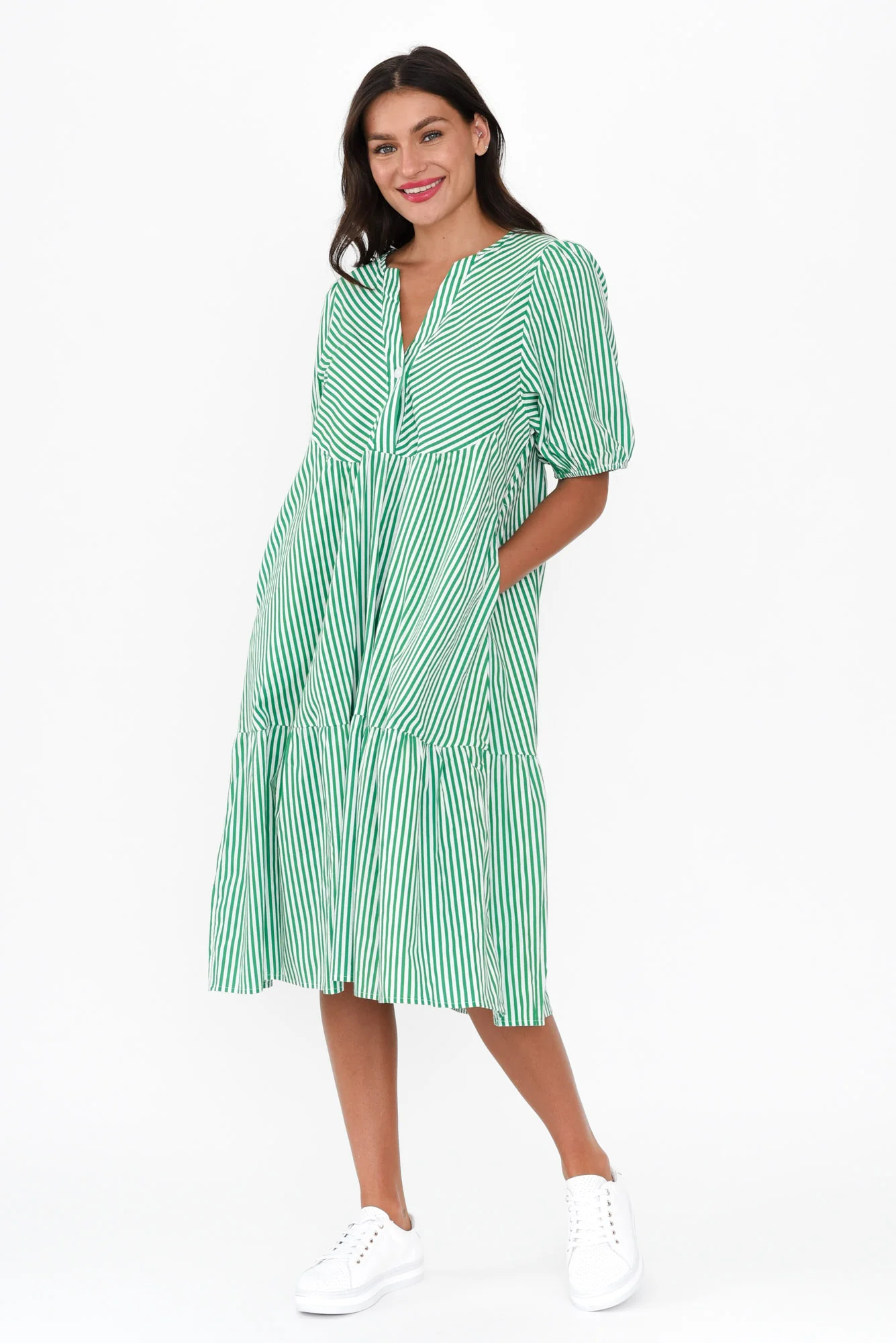 Zariah Green Stripe Cotton Tier Dress