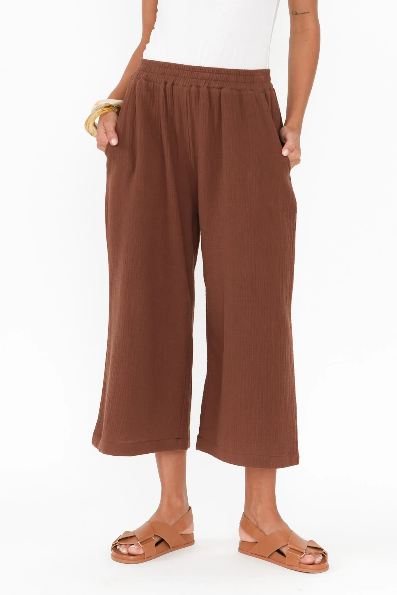 Hobart Mocha Cotton Cheesecloth Cropped Pants