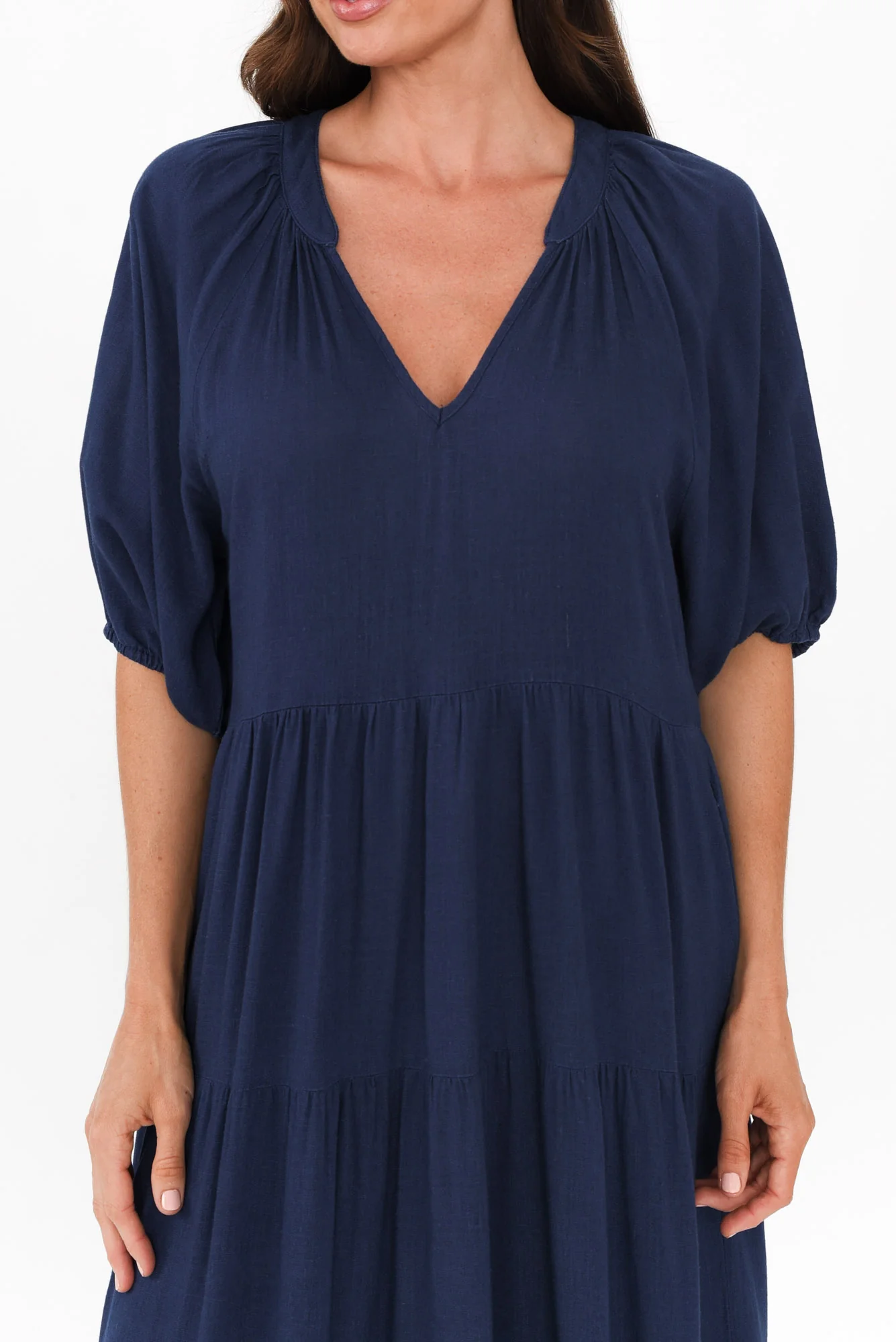 Imogene Navy Cotton Linen Tiered Dress