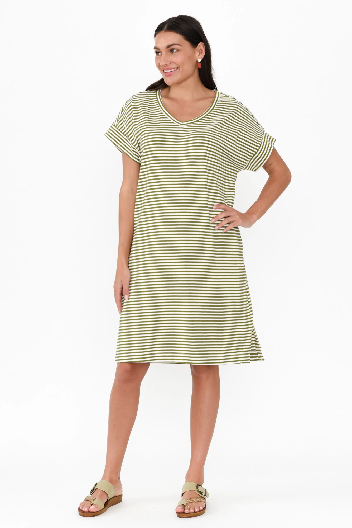 Elise Green Stripe V Neck T-Shirt Dress