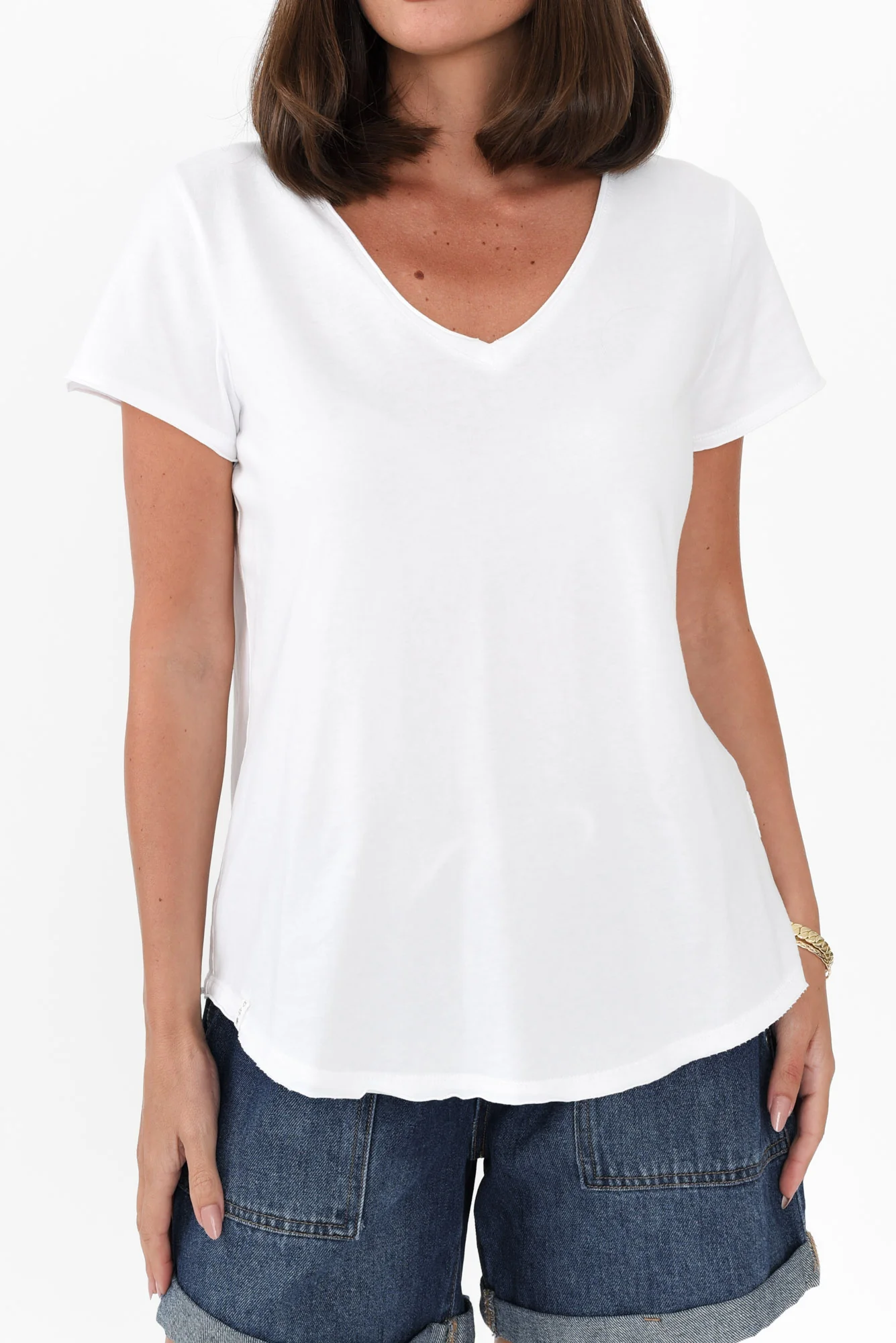 Maggie White Cotton Vee Tee