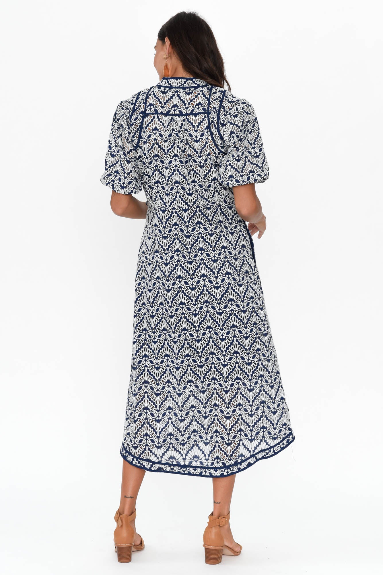 Delphine Navy Embroidered Cotton Tie Dress