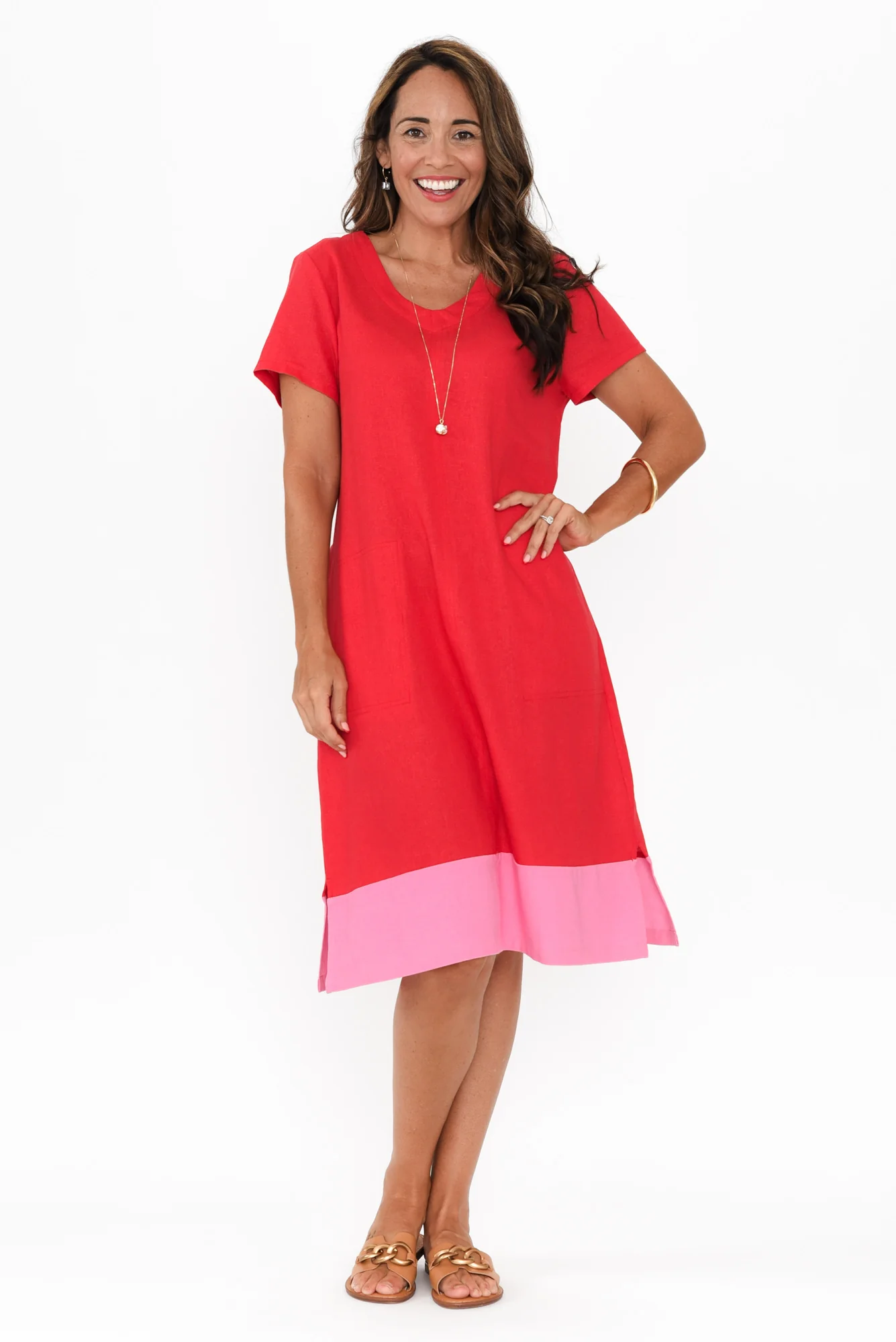 Elwood Red Splice Linen Blend Dress